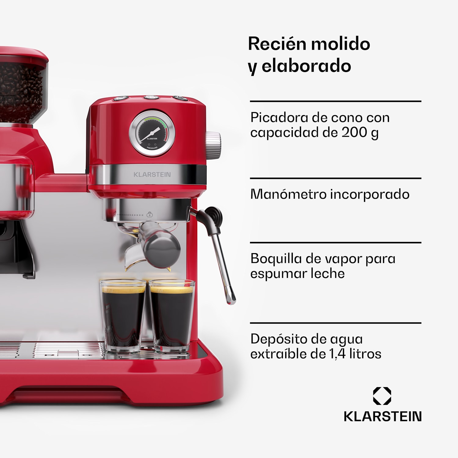 Bella Café Cafetera espresso | Vintage | Molinillo | 19 bar | Espuma de leche | manómetro | 1150 W Rojo