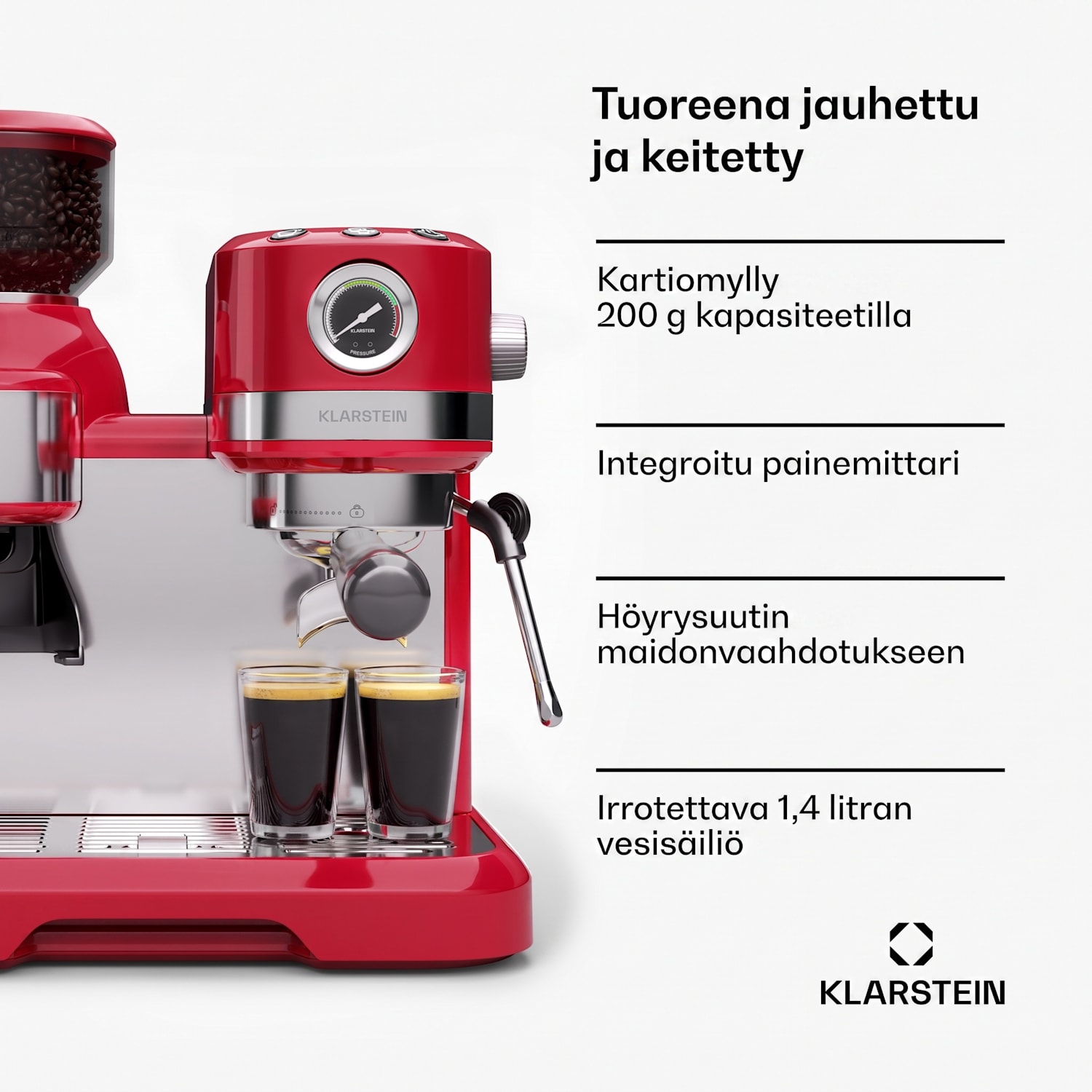 Bella Café espressokeitin | vintage | mylly | 19 bar | maitovaahto | painemittari | 1150 W Punainen