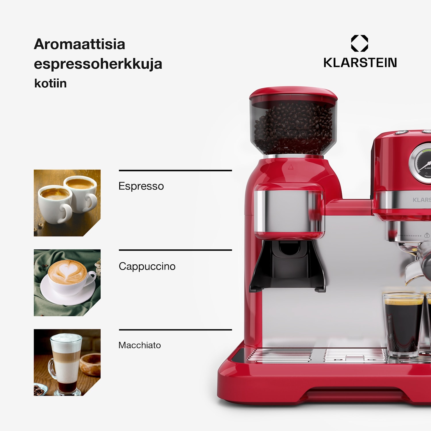 Bella Café espressokeitin | vintage | mylly | 19 bar | maitovaahto | painemittari | 1150 W Punainen