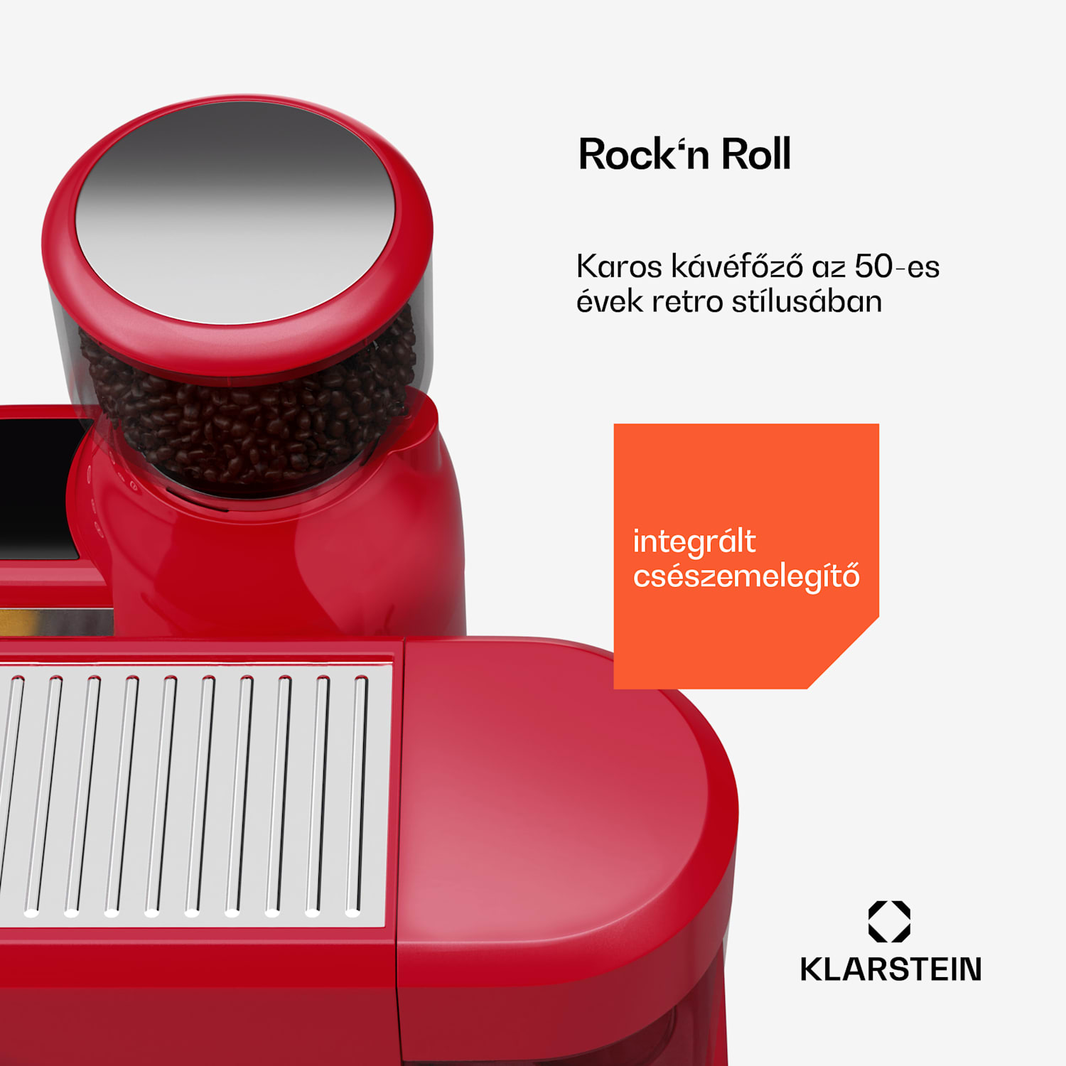 Bella Café Karos kávéfőző, Vintage, daráló, 19 bar, Tejhabosító, Nyomásmérő, 1150 W Piros