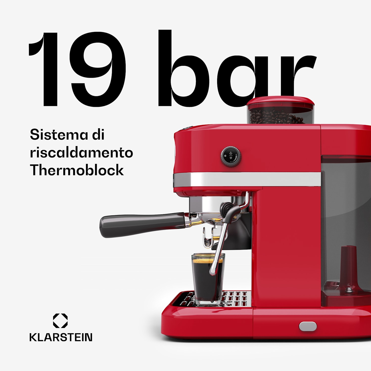 Bella Café - Macchina del caffè | Vintage | Macina | 19 bar | Schiuma di latte | Manometro | 1150 W Rosso