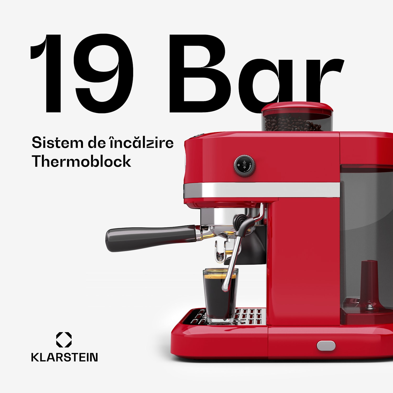 Espressor Bella, Vintage, râșniță, 19 bari, spumator de lapte, manometru, 1150 W Roșu