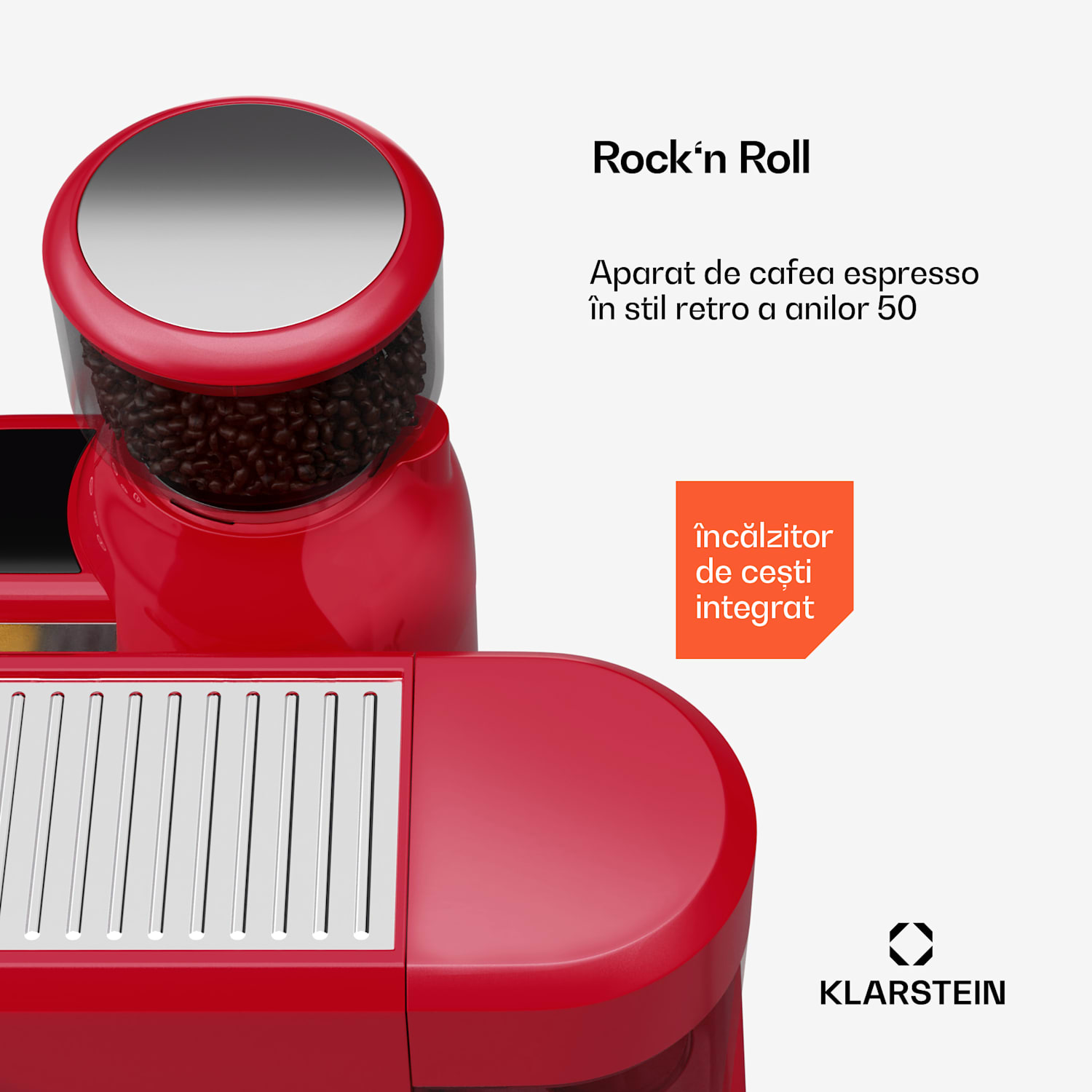 Espressor Bella, Vintage, râșniță, 19 bari, spumator de lapte, manometru, 1150 W Roșu