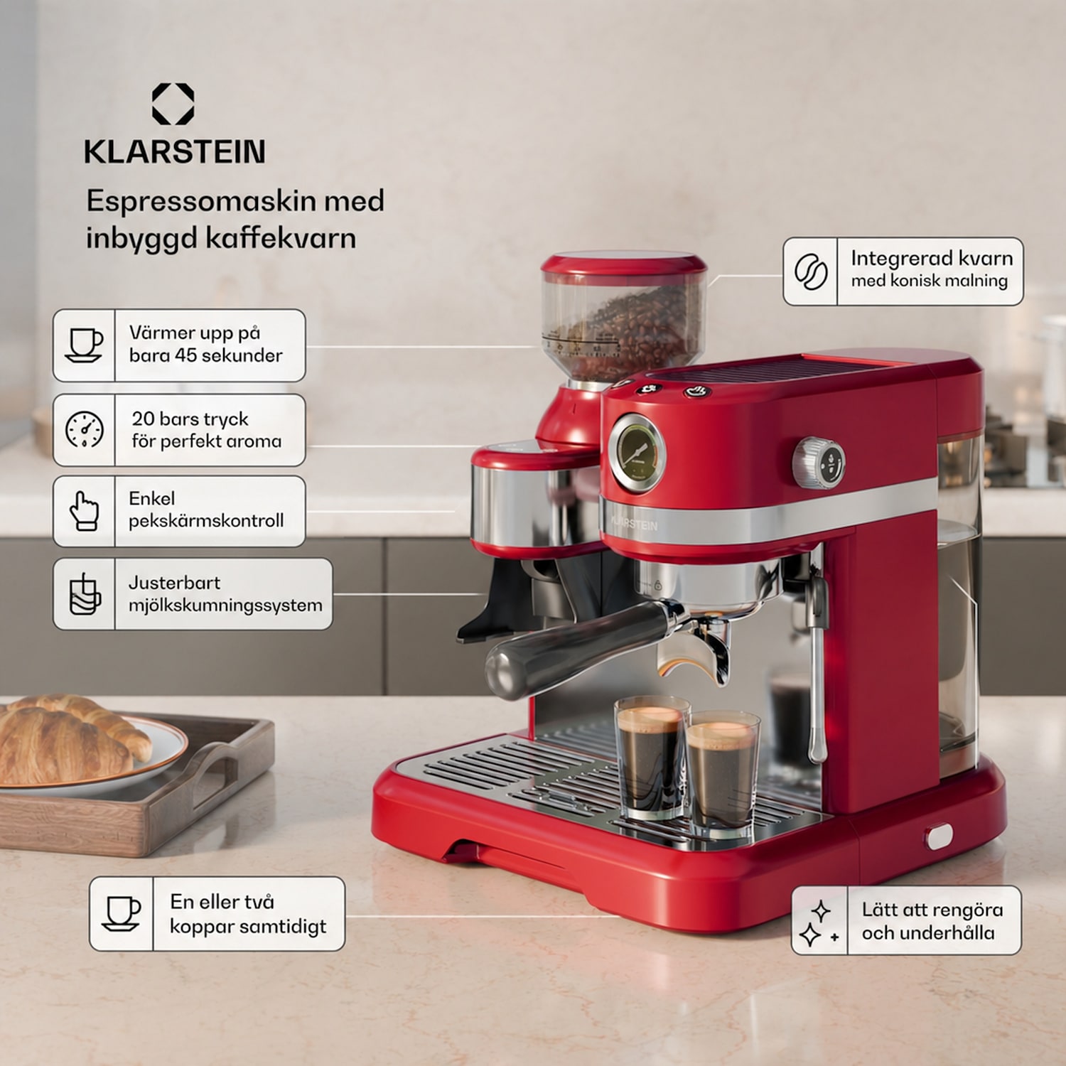 Bella Café espressomaskin | vintage | kaffekvarn | 20 bar | mjölkskummare | tryckmätare | 1550 W Röd