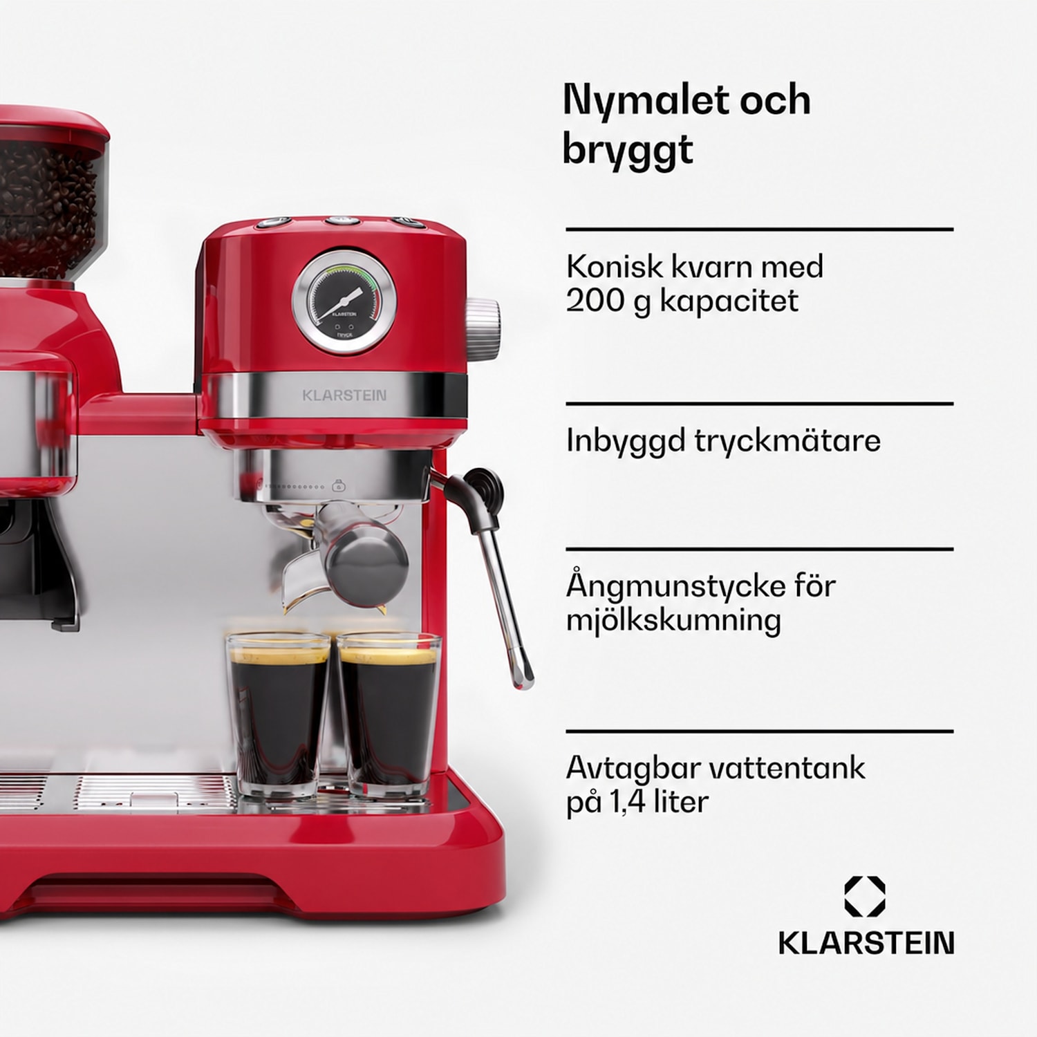 Bella Café espressomaskin | vintage | kaffekvarn | 20 bar | mjölkskummare | tryckmätare | 1550 W Röd