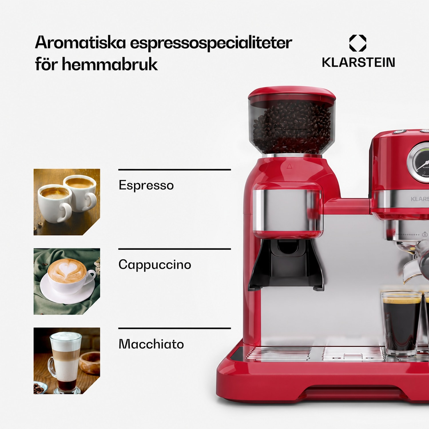 Bella Café espressomaskin | vintage | kaffekvarn | 20 bar | mjölkskummare | tryckmätare | 1550 W Röd