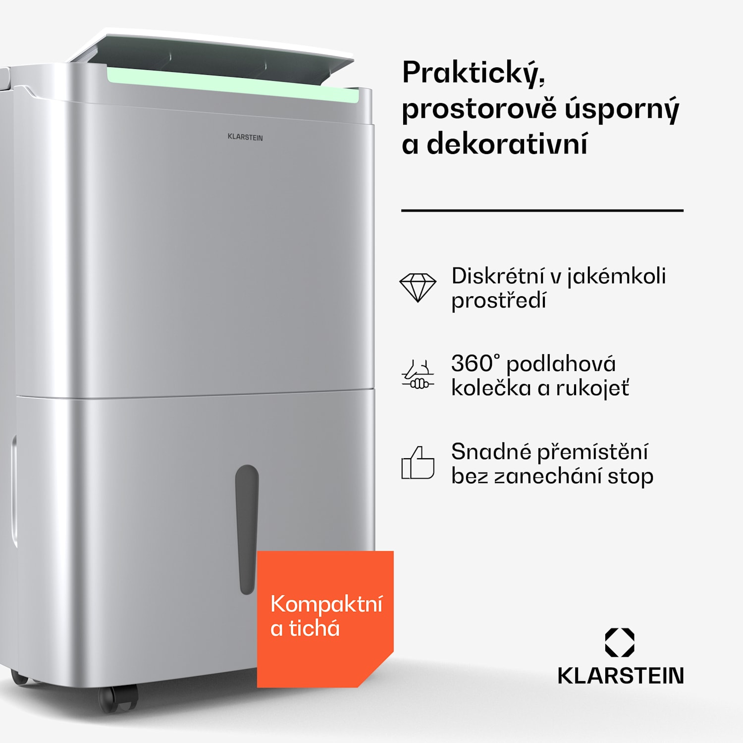 Odvlhčovač DryFy Connect 40, 40 l / den, 30-45 m², ovládání pomocí aplikace, mobilní, nádrž na vodu 40L/24h | Stříbrná
