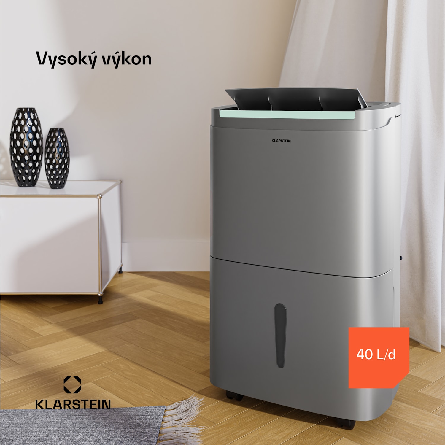 Odvlhčovač DryFy Connect 40, 40 l / den, 30-45 m², ovládání pomocí aplikace, mobilní, nádrž na vodu 40L/24h | Stříbrná