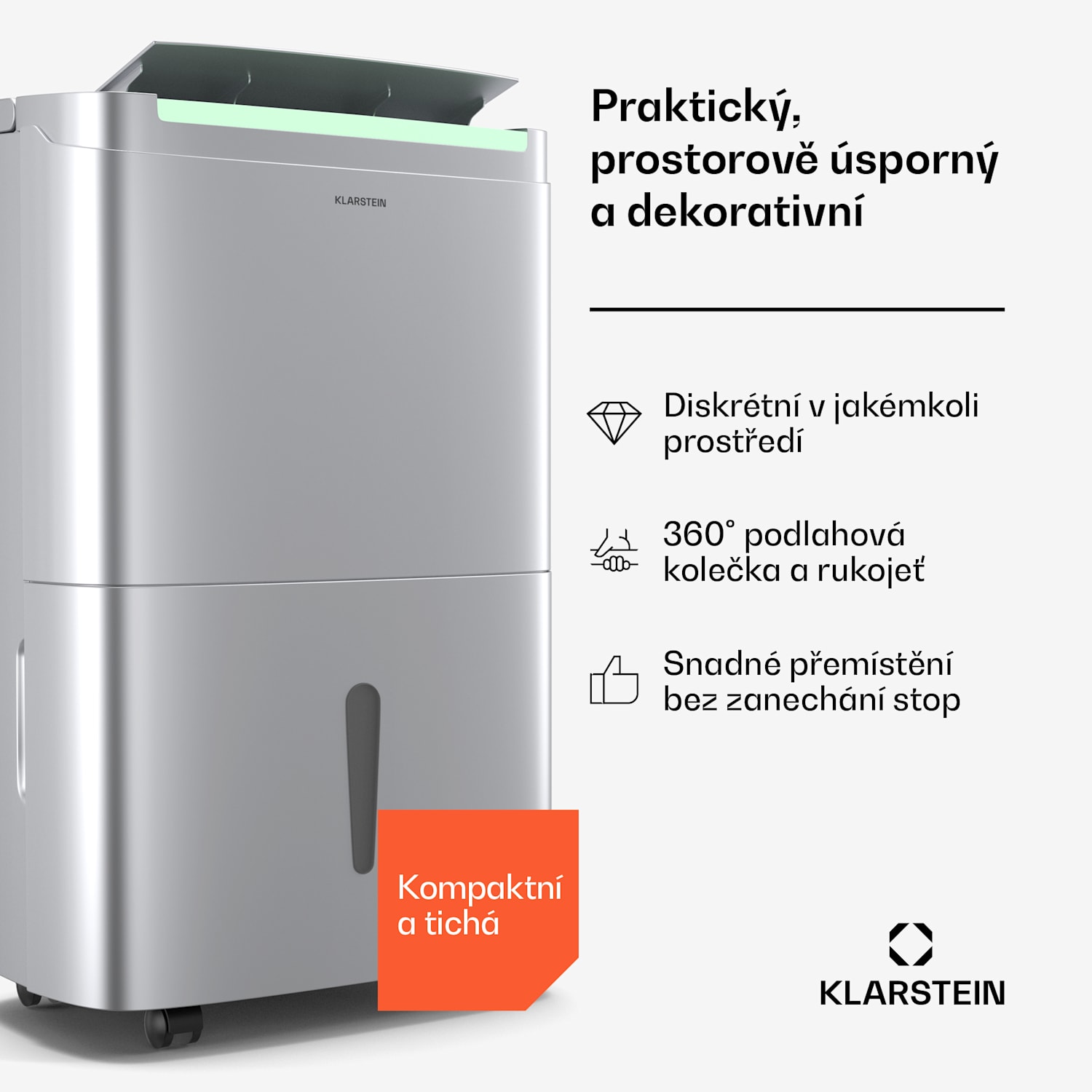DryFy Connect 50 odvlhčovač vzduchu, 50 l/den, 45-55 m², ovládání pomocí aplikace, mobilní, nádrž na vodu 50L/24h | Stříbrná