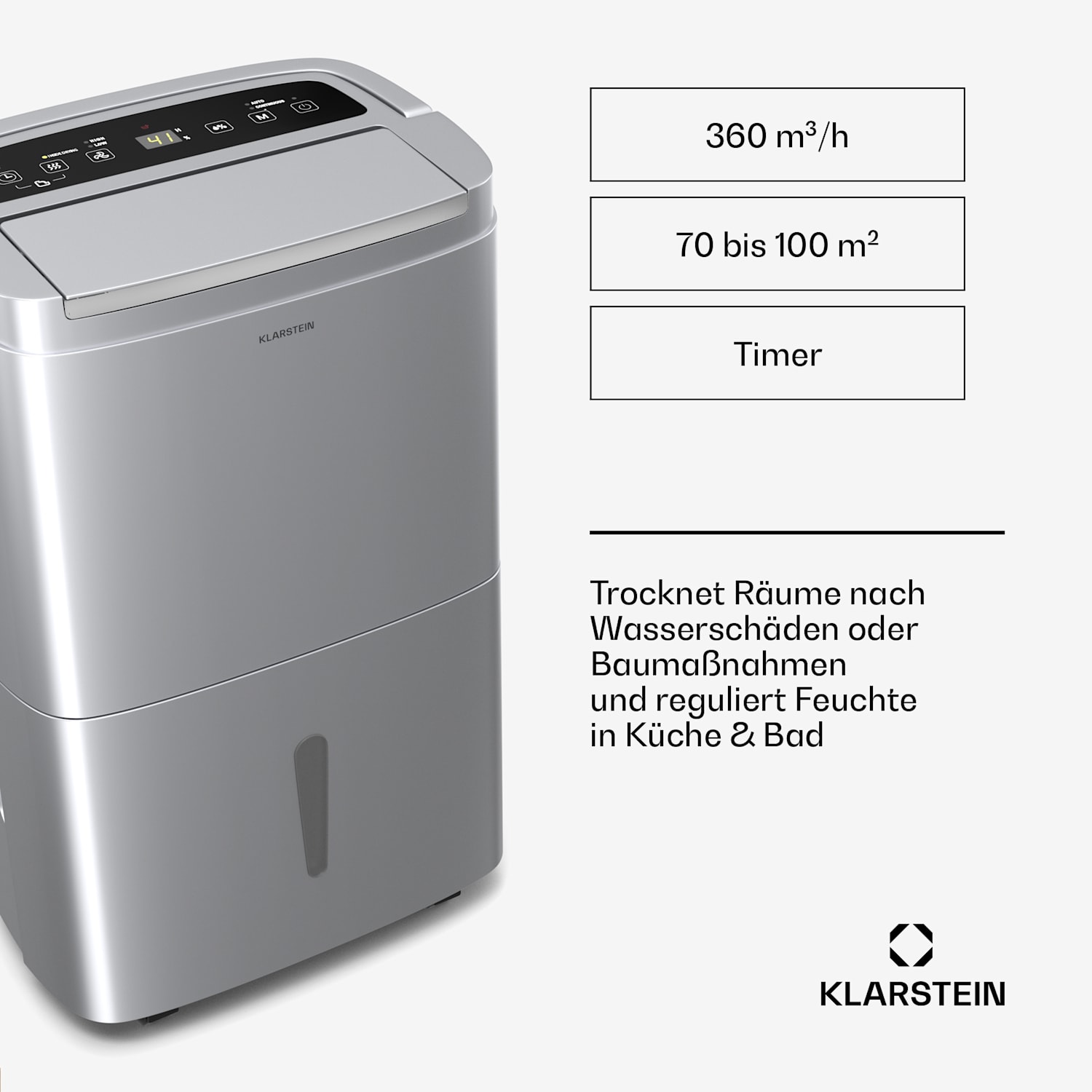 DryFy Connect 50 Dehumidifier | 50 L / Day | 45-55 m² | App Control | Mobile | Water Tank 50L/24h | Silber