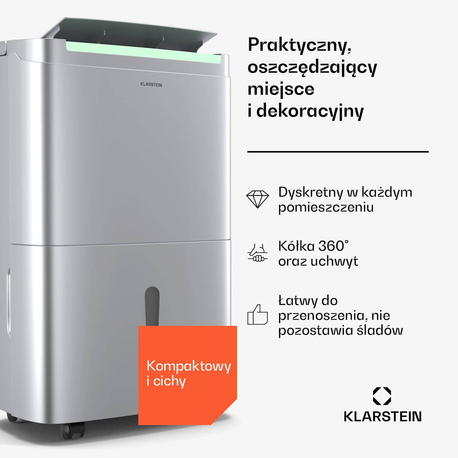 DryFy Connect 50 osuszacz powietrza, 50 l/24 h, 45-55 m², sterowanie za pomocą aplikacji, mobilny, zbiornik na wodę 50L/24h | Srebrny