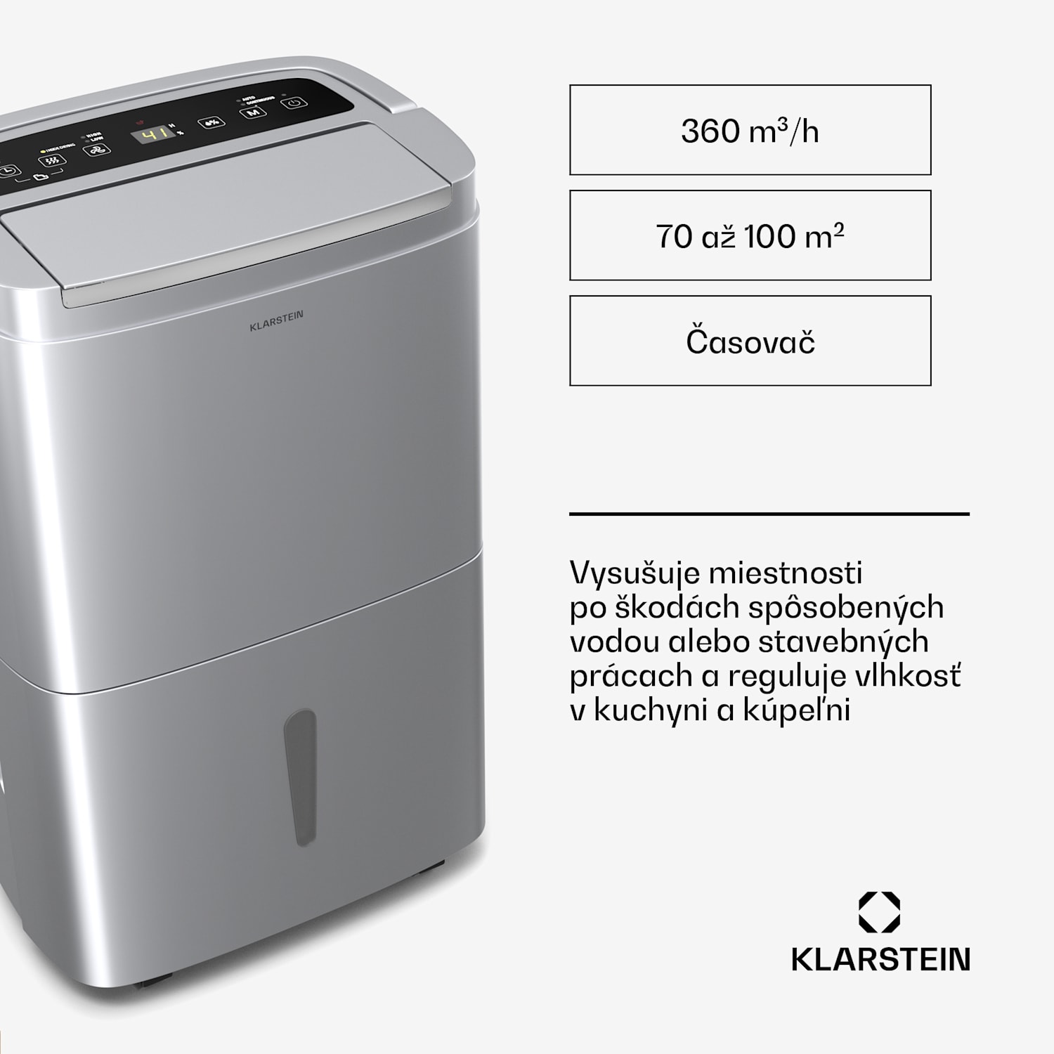 DryFy Connect 50 odvlhčovač vzduchu, 50 l / deň, 45-55 m², ovládanie pomocou aplikácie, mobilný, nádrž na vodu 50L/24h | Strieborná