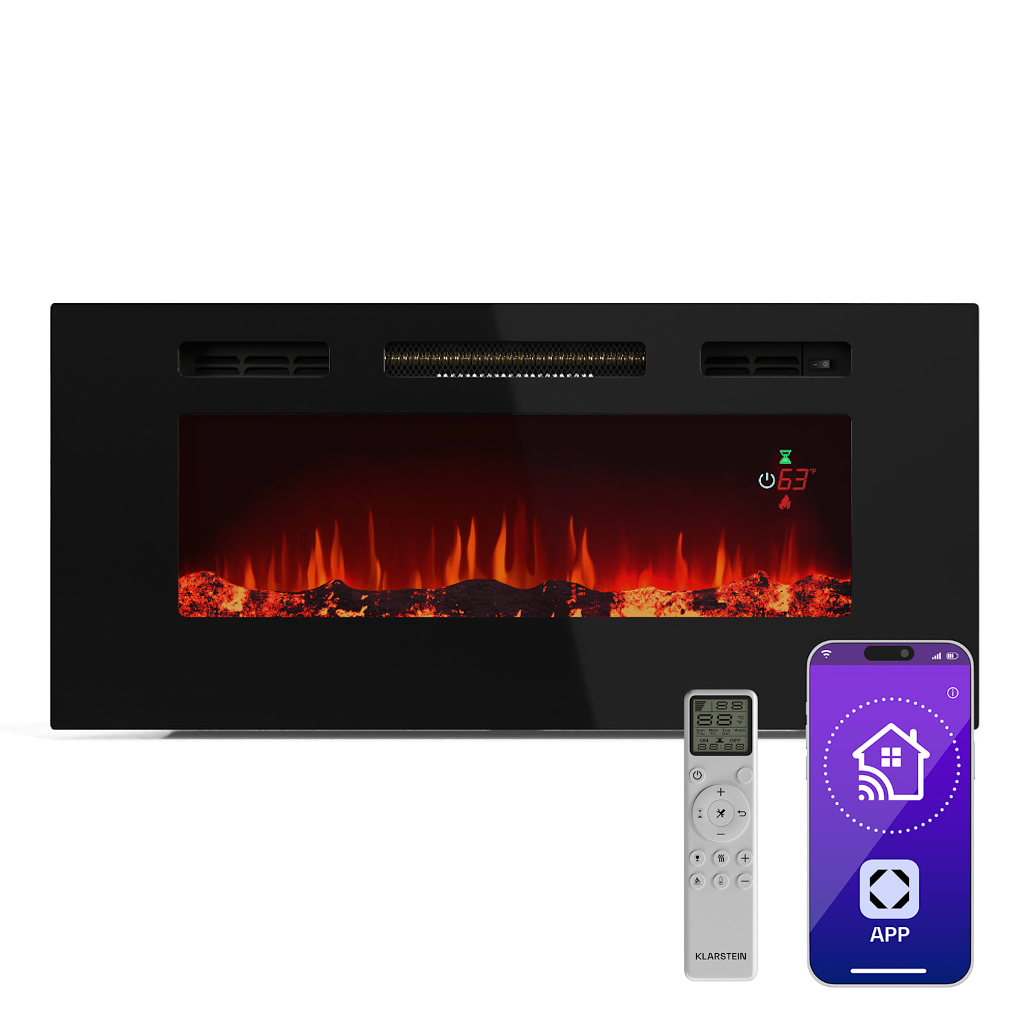 Chimenea eléctrica inteligente Galeras | 2 ajustes de calor | 16 - 30°| Ilusión de llama LED | Capaz de IOT 102x47x12cm | Sí | Negro