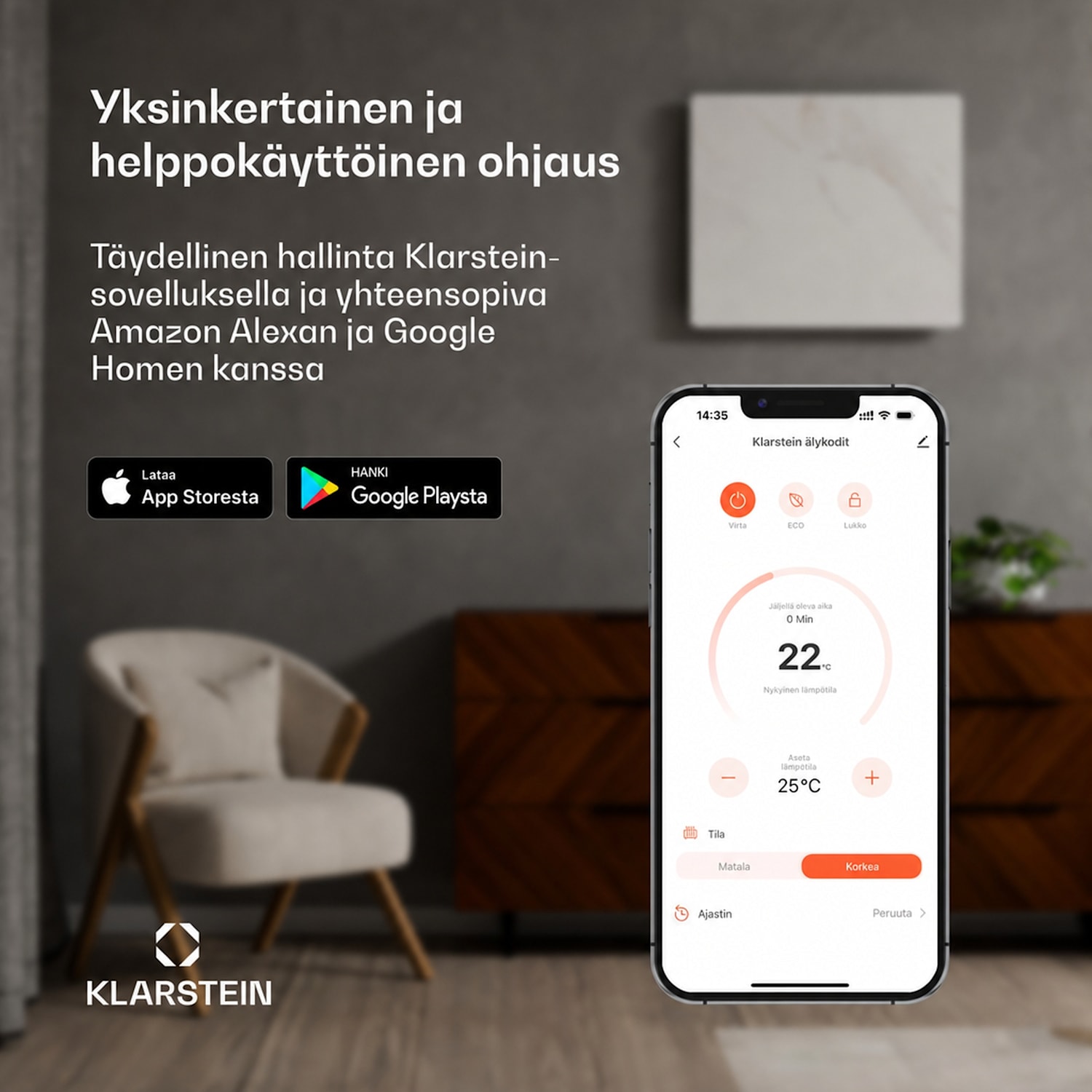 Galeras Smart sähkötakka | 2 lämmitysporrasta | 16–30 °C | LED-liekkitehoste | IoT-yhteensopiva 127x47x12cm | Kyllä | Musta