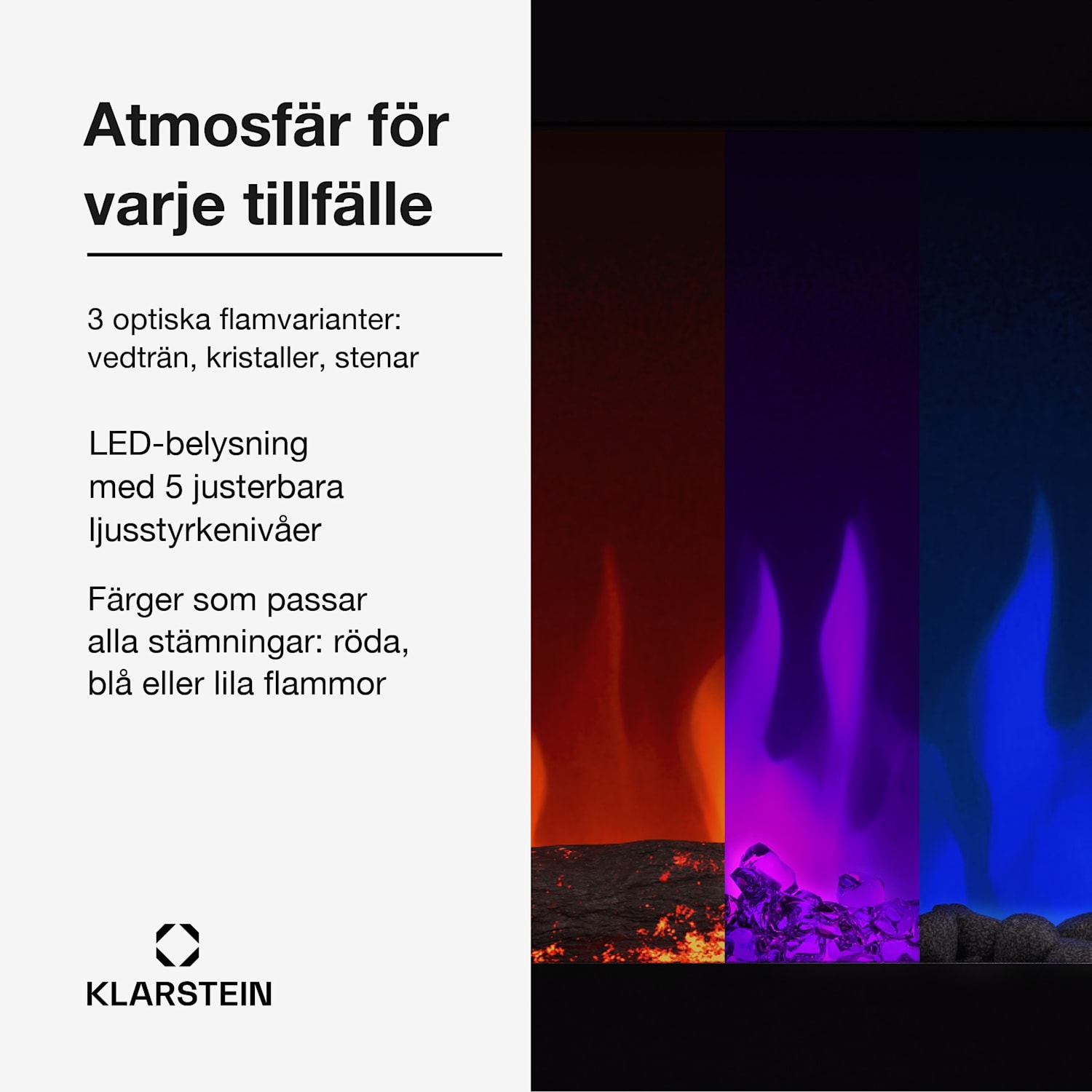 Galeras Smart elkamin | 2 värmeinställningar | 16–30° | LED-flamillusion | IOT-kompatibel 127x47x12cm | Ja | Svart