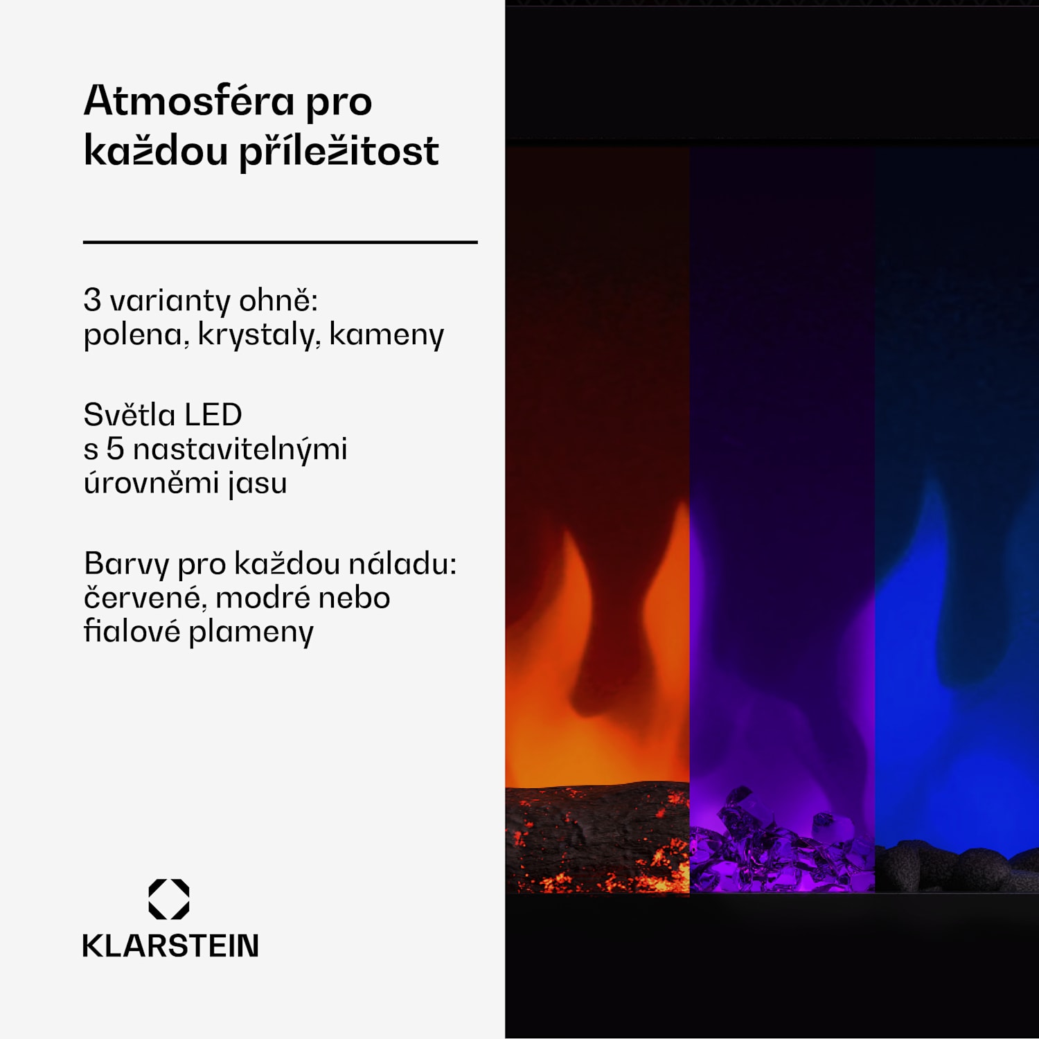 Inteligentní elektrický krb Galeras, 2 nastavení teploty, 16 - 30°| Iluze plamene LED, Možnost připojení k IOT Rozměry 178 x 47 x 12 cm | Ano | Černá