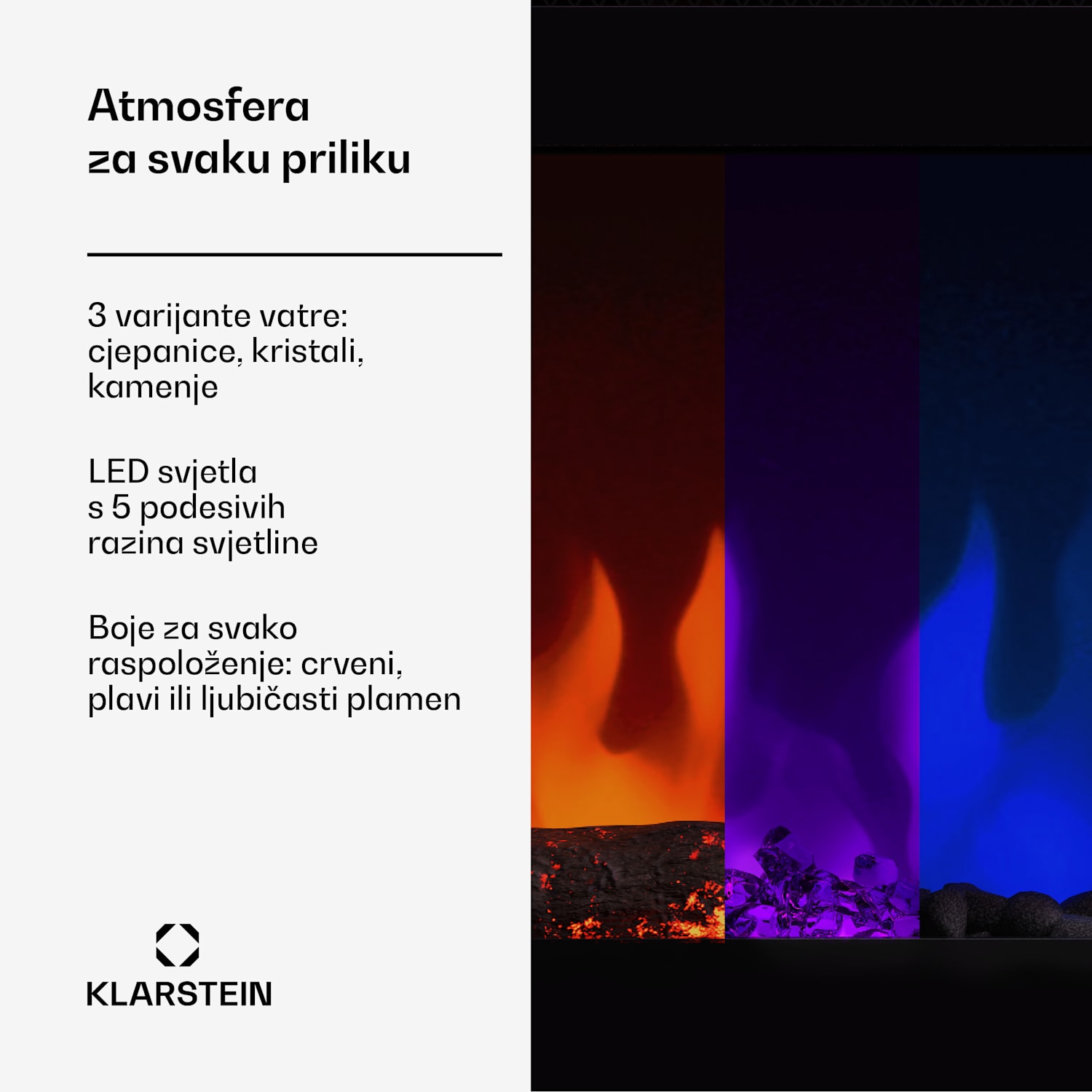 Galeras Smart Inteligentni električni kamin, 2 postavke temperature, 16 - 30°| Iluzija LED plamena, Mogućnost spajanja na IOT 178x47x12 cm | Da | Crna