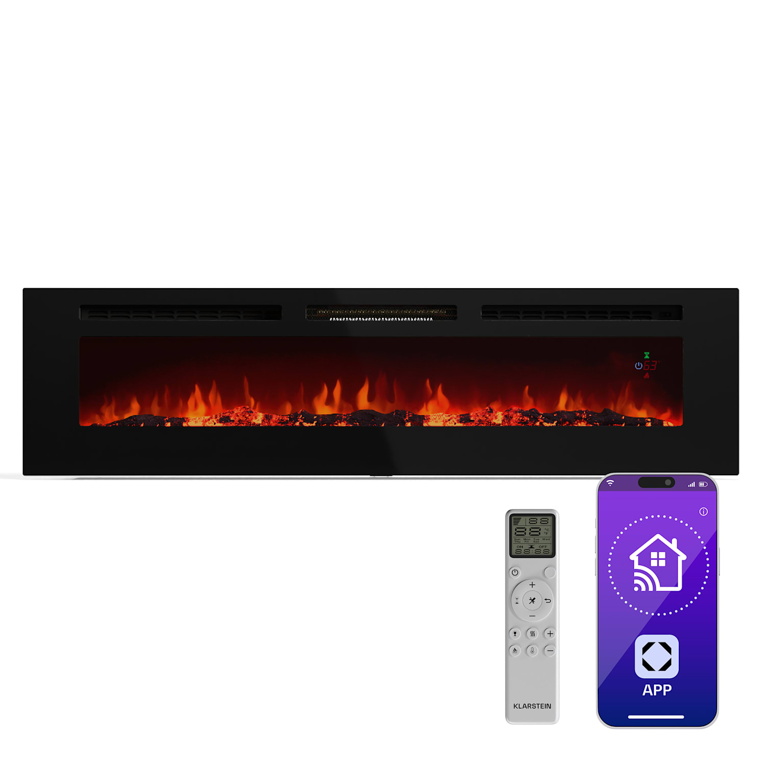 Inteligentní elektrický krb Galeras, 2 nastavení teploty, 16 - 30°| Iluze plamene LED, Možnost připojení k IOT Rozměry 178 x 47 x 12 cm | Ano | Černá