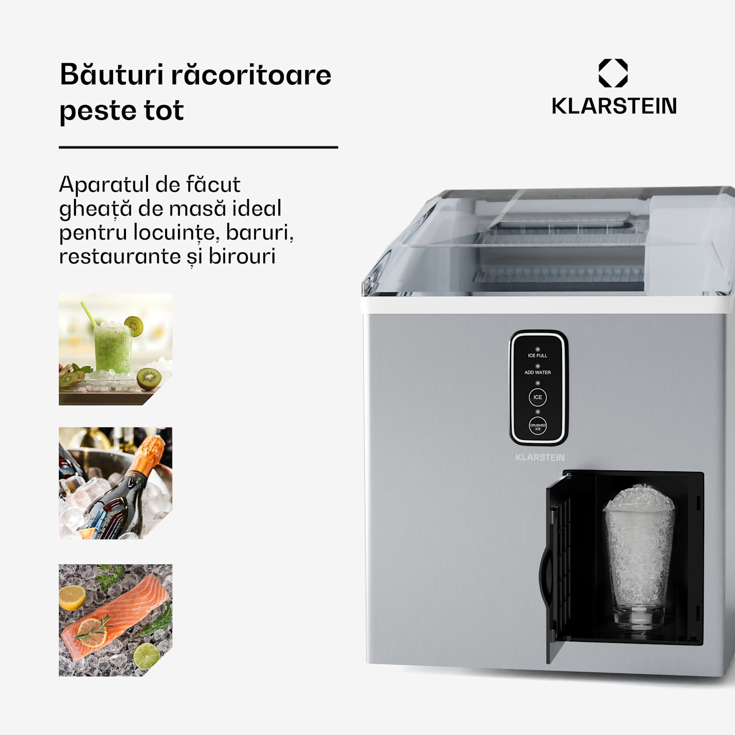 Producator de gheata Bullet Ice, 15 kg de gheata pe zi, Bullet & gheață zdrobită, oțel inoxidabil 