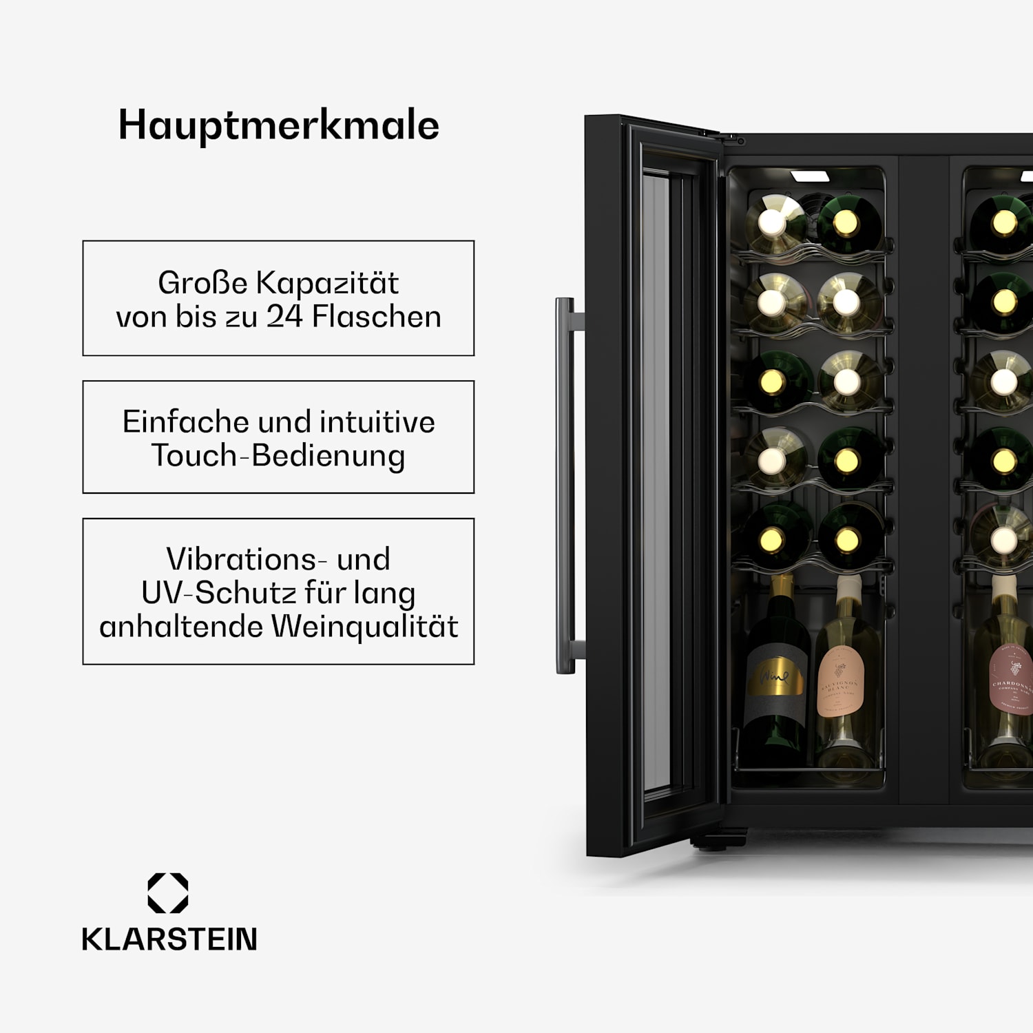 Shiraz Weinkühlschrank| 2 Kühlzonen | Touch-Steuerung | LED-Beleuchtung | freistehend 24 Flaschen | 2 Kühlzonen | Schwarz