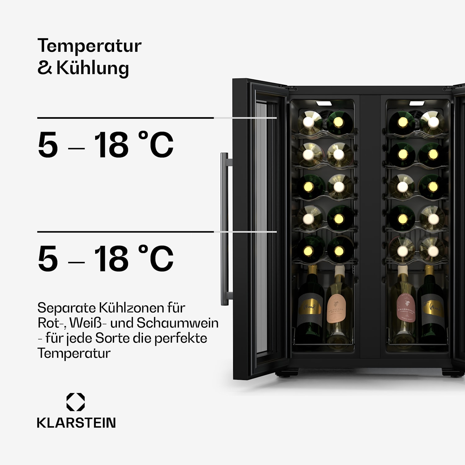 Shiraz Weinkühlschrank| 2 Kühlzonen | Touch-Steuerung | LED-Beleuchtung | freistehend 24 Flaschen | 2 Kühlzonen | Schwarz