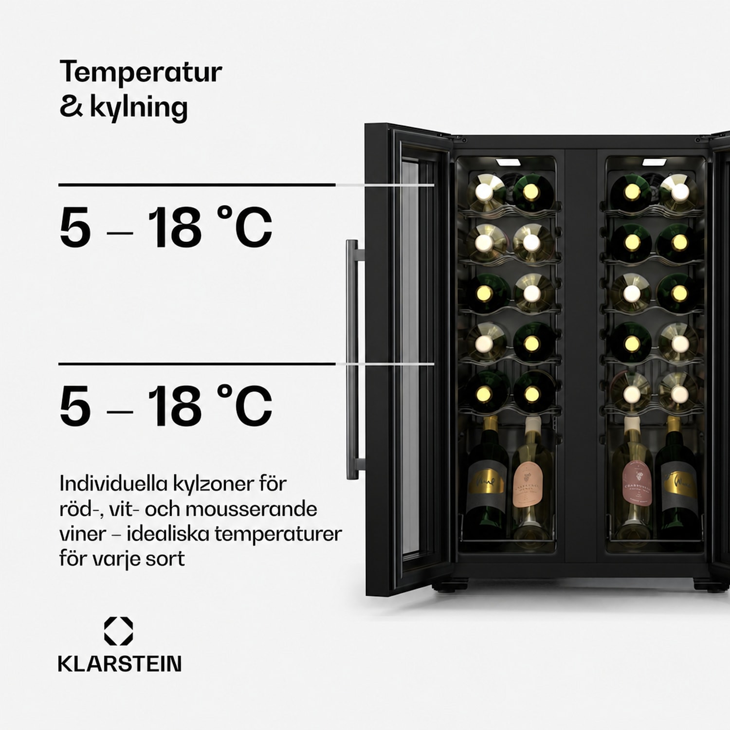 Shiraz vinkylskåp | 2 kylzoner | touchkontroll | LED-belysning | fristående 24 flaskor | 2 kylzoner | Svart