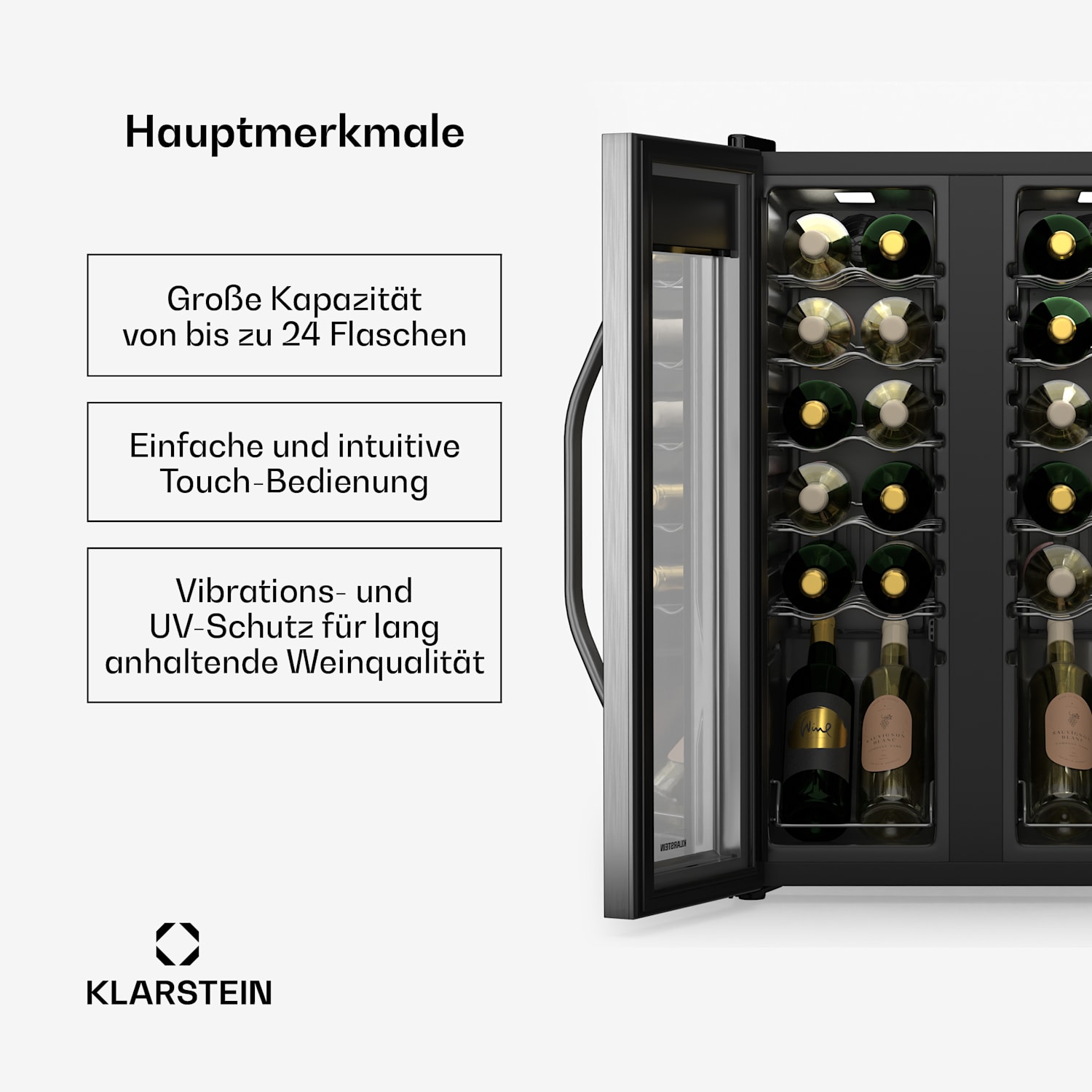 Vinamour Weinkühlschrank | 2 Kühlzonen | 7 Regale | Touch-Bedienung | UV-Schutz 24 Flaschen | 2 Kühlzonen | Schwarz