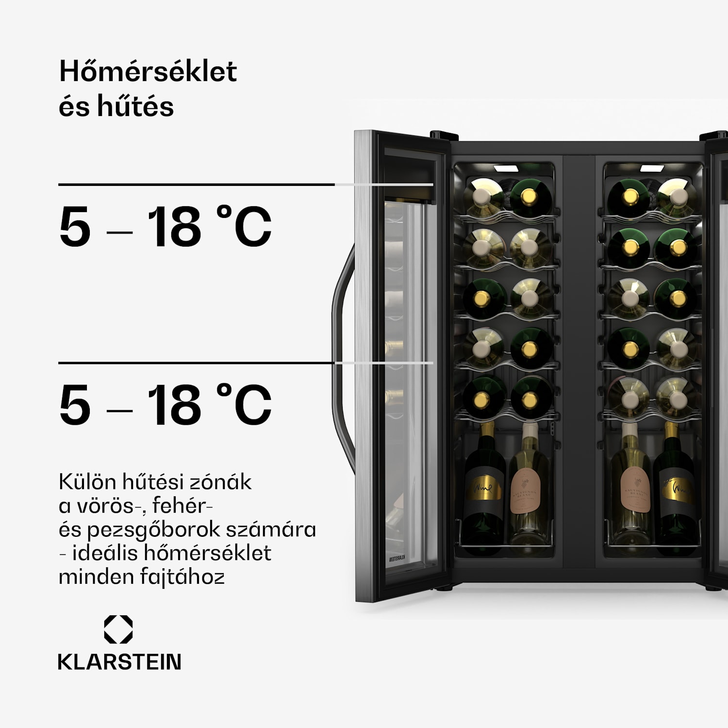 Vinsider borhűtő, 2 hűtési zóna, 7 polc, érintésvezérlés, UV-védelem 24 palack | 2 hűtőzóna | Fekete