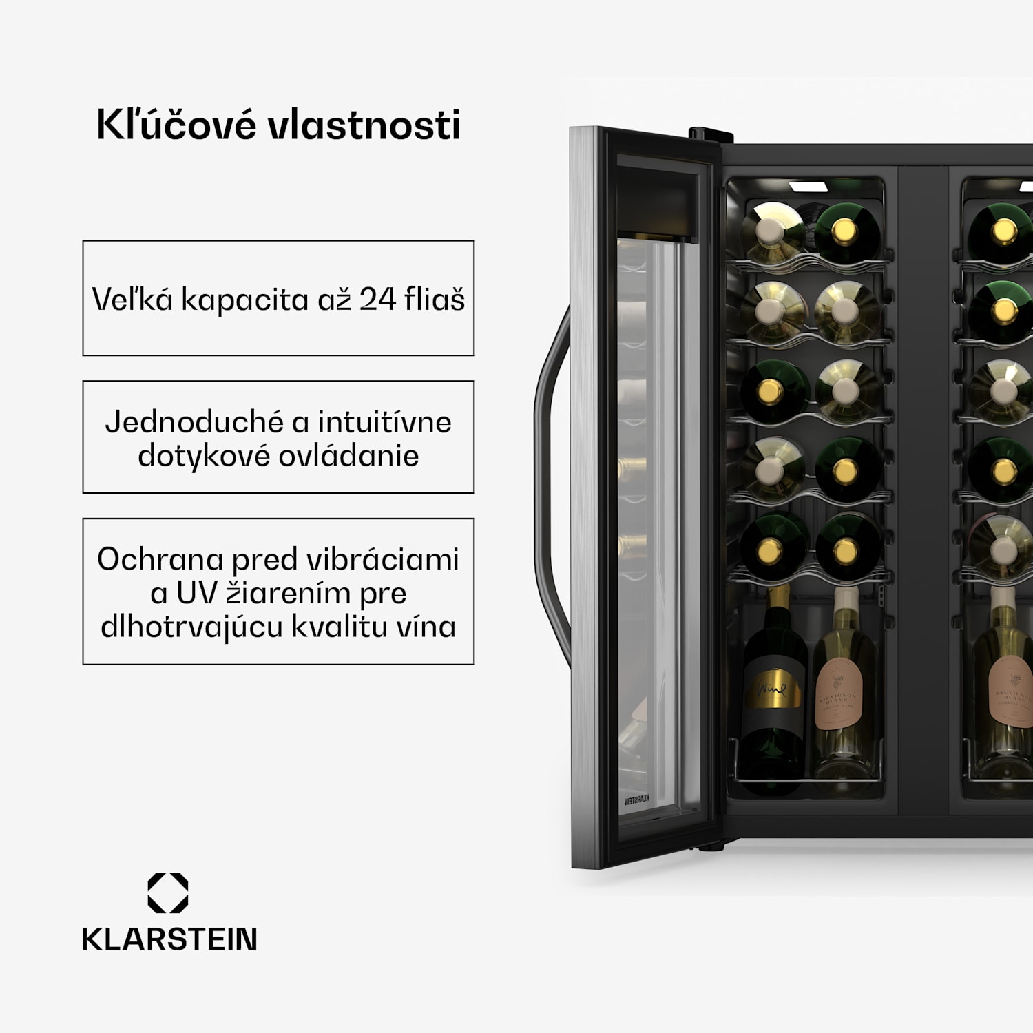 Vinamour chladnička na víno, 2 chladiace zóny, 7 políc, dotykové ovládanie, UV-ochrana 24 fliaš | 2 chladiace zóny | Čierna