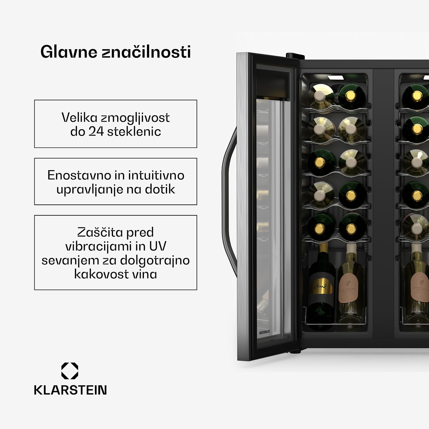 Vinamour hladilnik za vino, 2 hladilni coni, 7 polic, upravljanje na dotik, UV zaščita 24 steklenic | 2 | Črna
