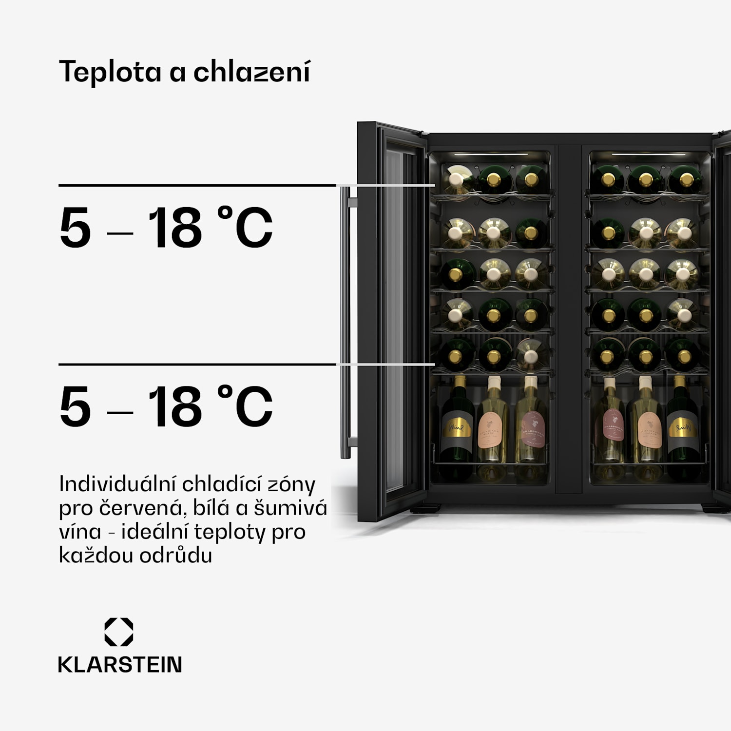 Vinotéka Shiraz, 2 chladicí zóny, LED osvětlení, dotykové ovládání, volně stojící 36 lahví | 2 chladicí zóny | Černá