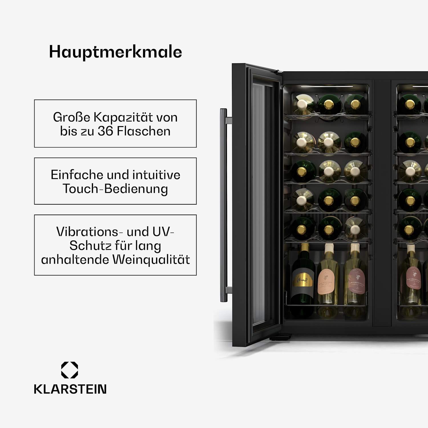 Shiraz Weinkühlschrank | 2 Kühlzonen | LED-Beleuchtung | Touch-Control | freistehend 36 Flaschen | 2 Kühlzonen | Schwarz