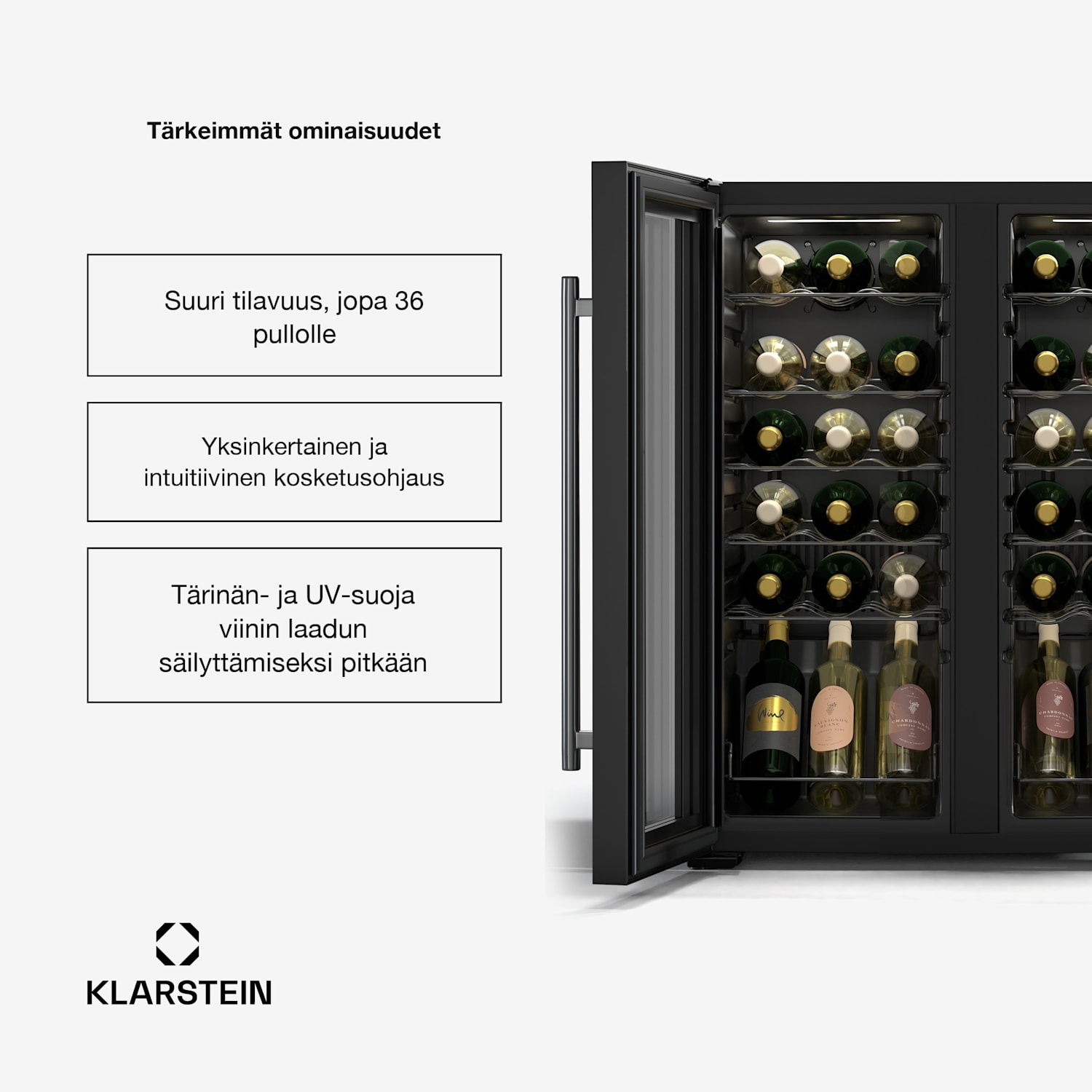 Shiraz-viinikaappi | 2 jäähdytysaluetta | LED-valaistus | kosketusohjaus | vapaasti seisova 36 pulloa | 2 jäähdytysalue | Musta