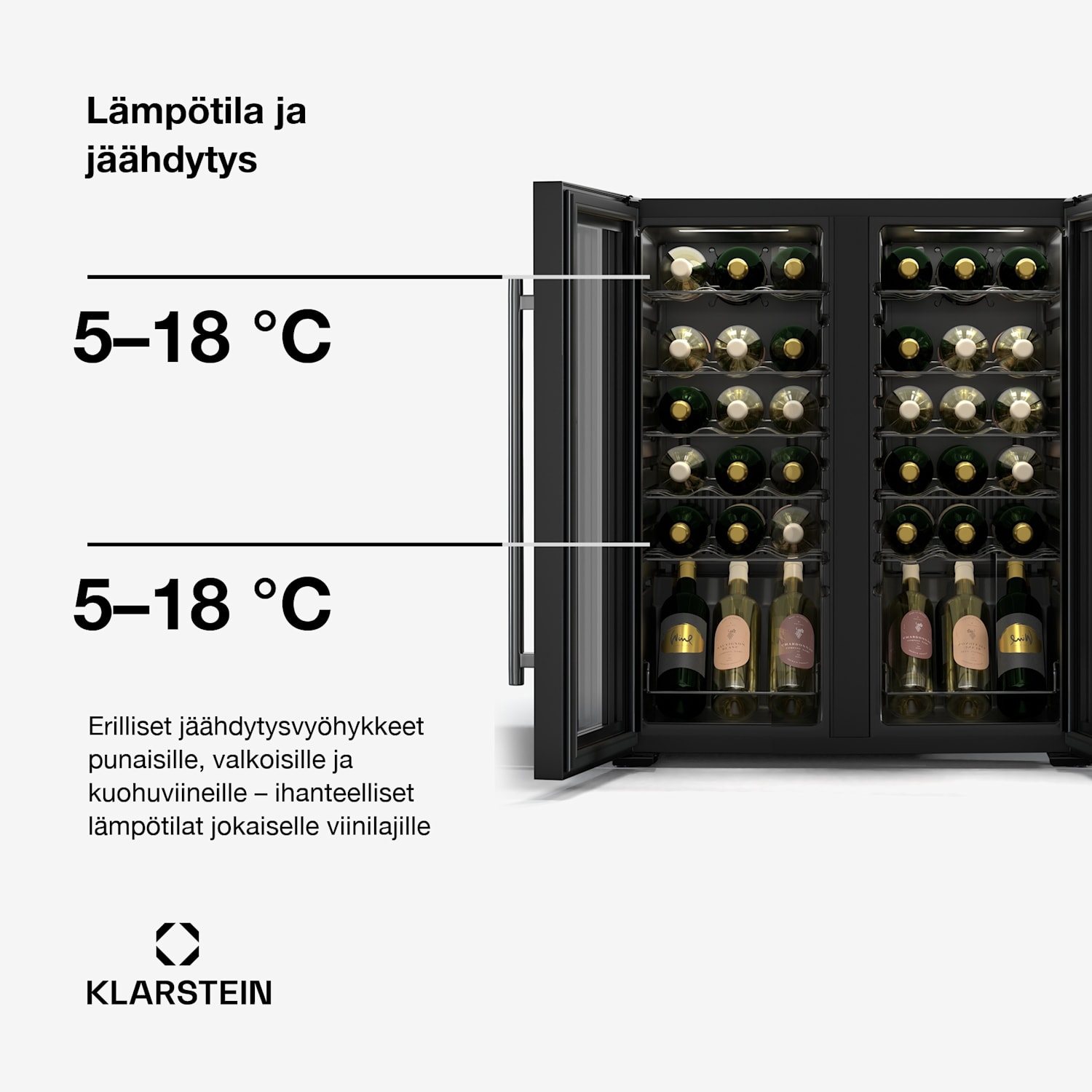 Shiraz-viinikaappi | 2 jäähdytysaluetta | LED-valaistus | kosketusohjaus | vapaasti seisova 36 pulloa | 2 jäähdytysalue | Musta