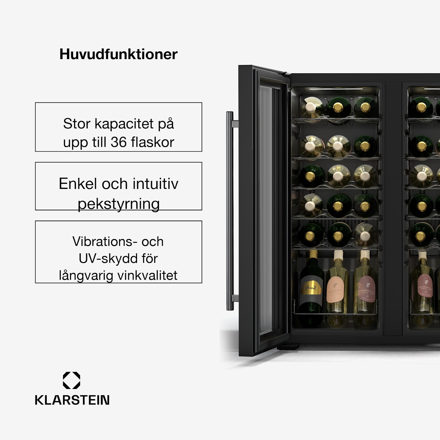 Vinkylskåp Shiraz | 2 kylzoner | LED-belysning | touchkontroll | fristående 36 flaskor | 2 kylzoner | Svart