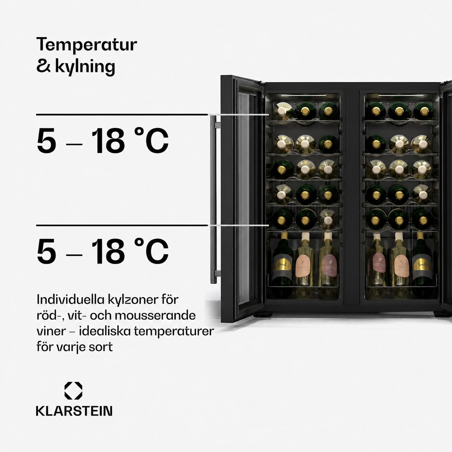 Vinkylskåp Shiraz | 2 kylzoner | LED-belysning | touchkontroll | fristående 36 flaskor | 2 kylzoner | Svart