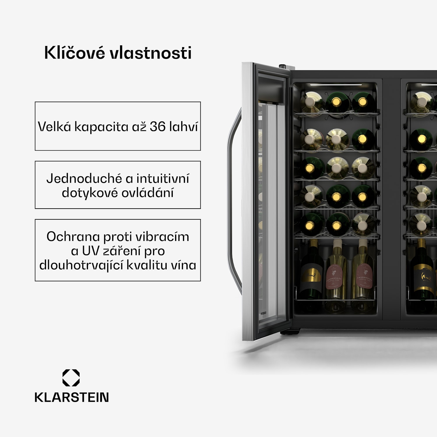 Vinamour vinotéka, 2 chladící zóny, 7 polic, dotykové ovládání, UV-ochrana 36 lahví | 2 chladicí zóny | Černá