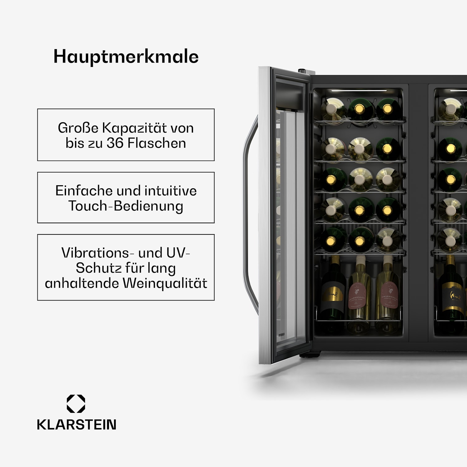 Vinamour Weinkühlschrank | 2 Kühlzonen | 7 Regale | Touch-Bedienung | UV-Schutz 36 Flaschen | 2 Kühlzonen | Schwarz