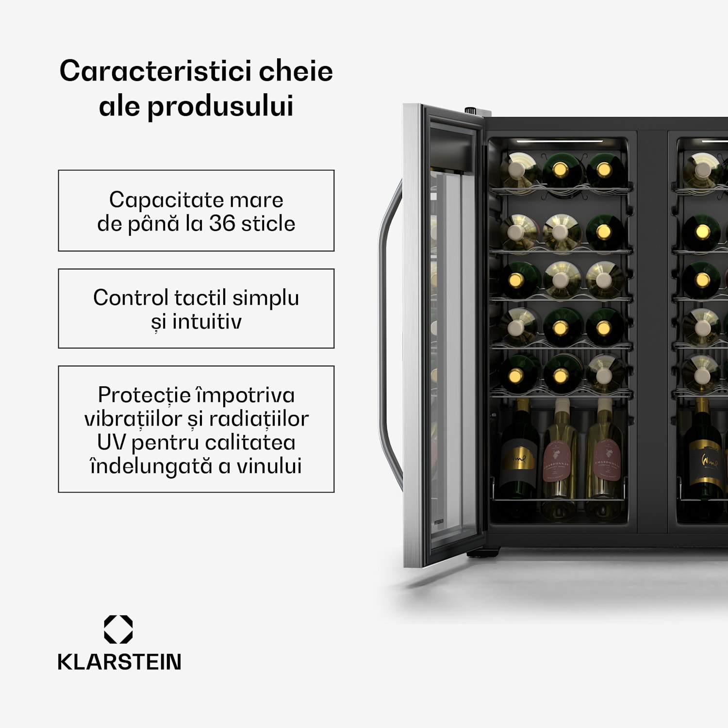 Vinamour frigider pentru vinuri, 2 zone de răcire, 7 rafturi, control tactil, protecție UV 36 de sticle | 2 | Negru