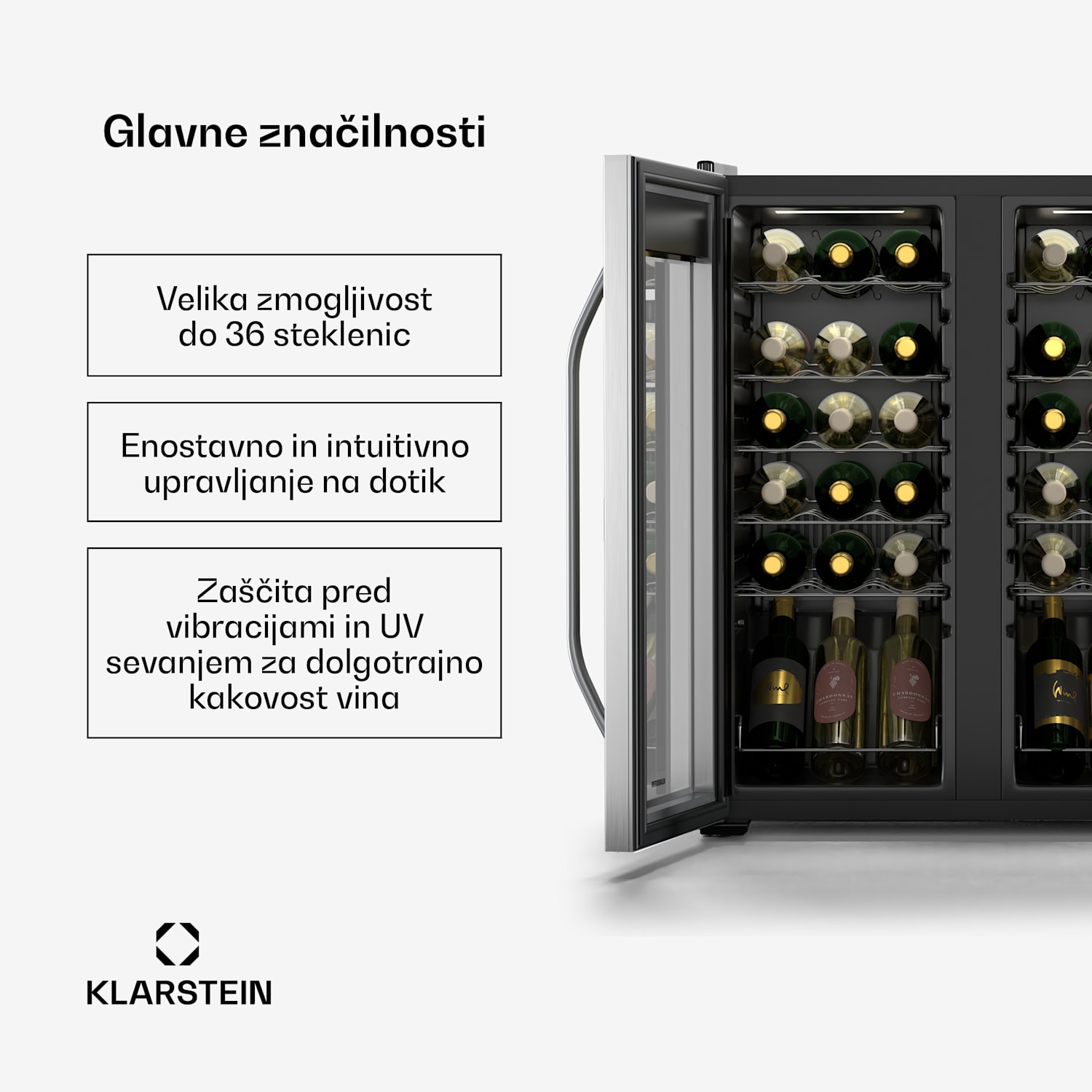 Vinamour hladilnik za vino, 2 hladilni coni, 7 polic, upravljanje na dotik, UV zaščita 36 steklenic | 2 | Črna
