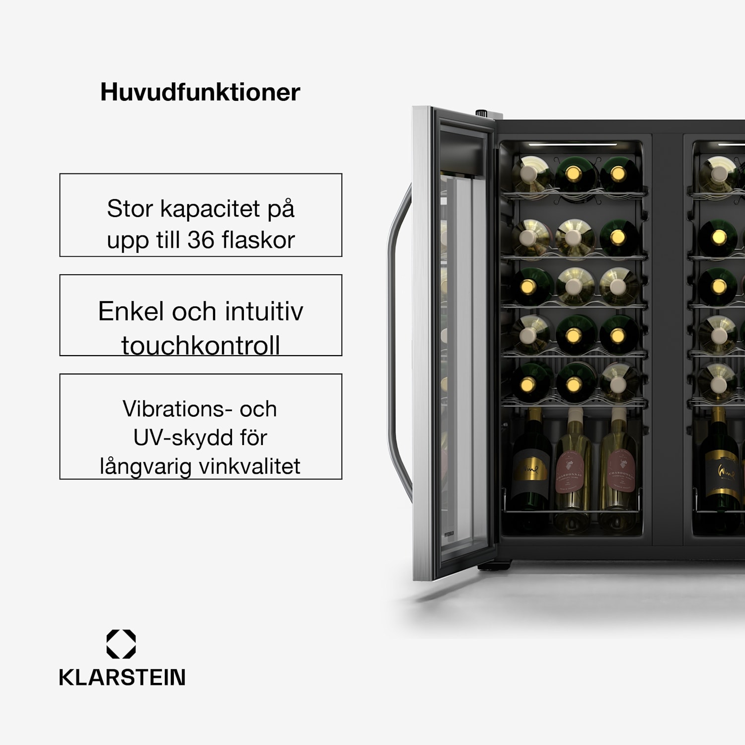 Vinamour vinkylskåp | 2 kylzoner | 7 hyllor | touchkontroll | UV-skydd 36 flaskor | 2 kylzoner | Svart