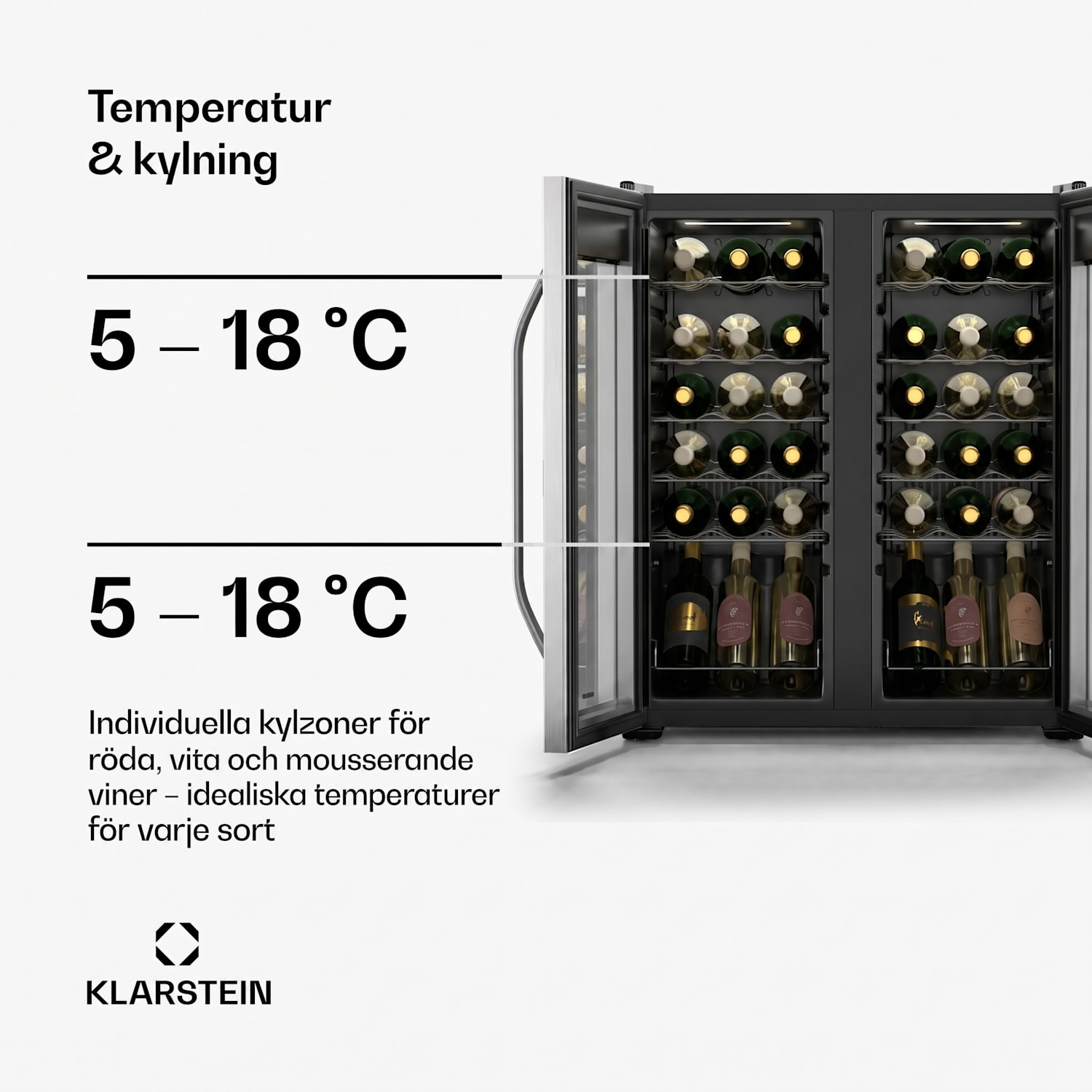 Vinamour vinkylskåp | 2 kylzoner | 7 hyllor | touchkontroll | UV-skydd 36 flaskor | 2 kylzoner | Svart