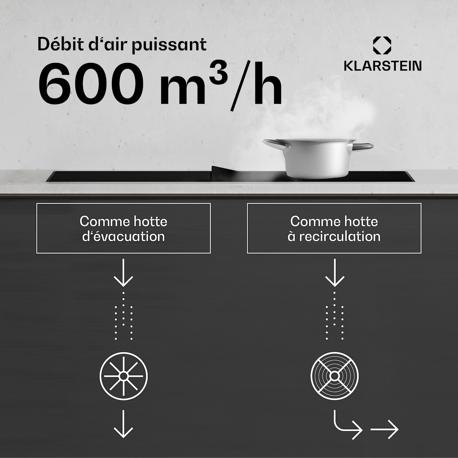 Chef-Fusion Prime Down Air System | 2-in-1 | inductiekookplaat + afzuigkap | krachtig 60 cm | Zwart