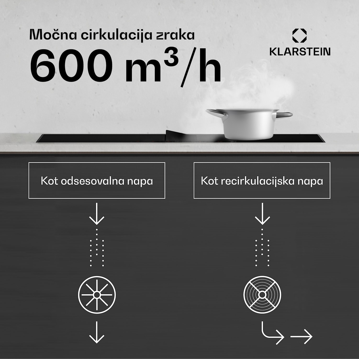 Chef-Fusion Prime Down Air System, 2 v 1, indukcijska kuhalna plošča + kuhinjska napa, zmogljiva 60 cm | Črna