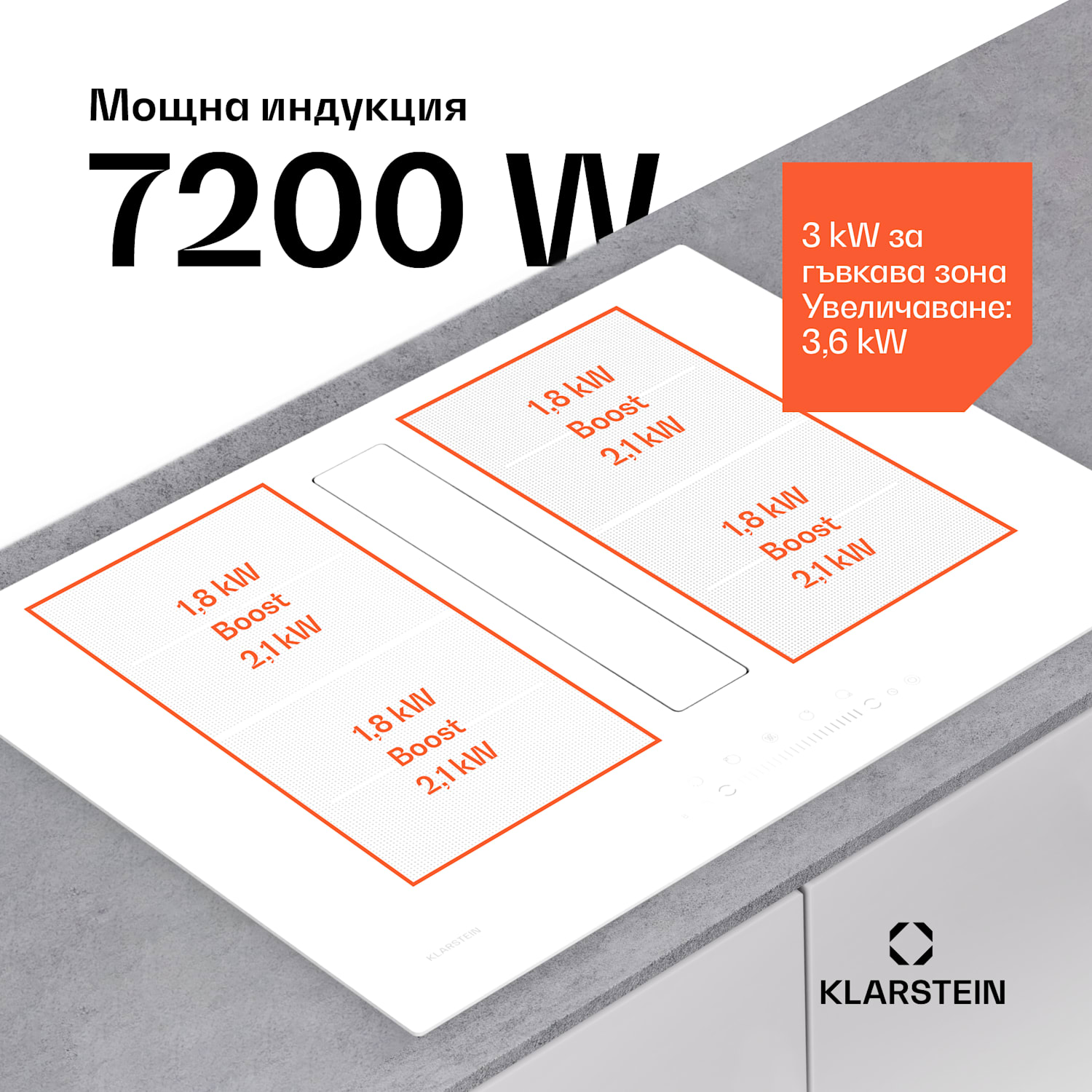 Система Chef-Fusion Prime Down Air, 2 в 1, индукционен плот + абсорбатор, мощen 7200 W 72 cm | Бял