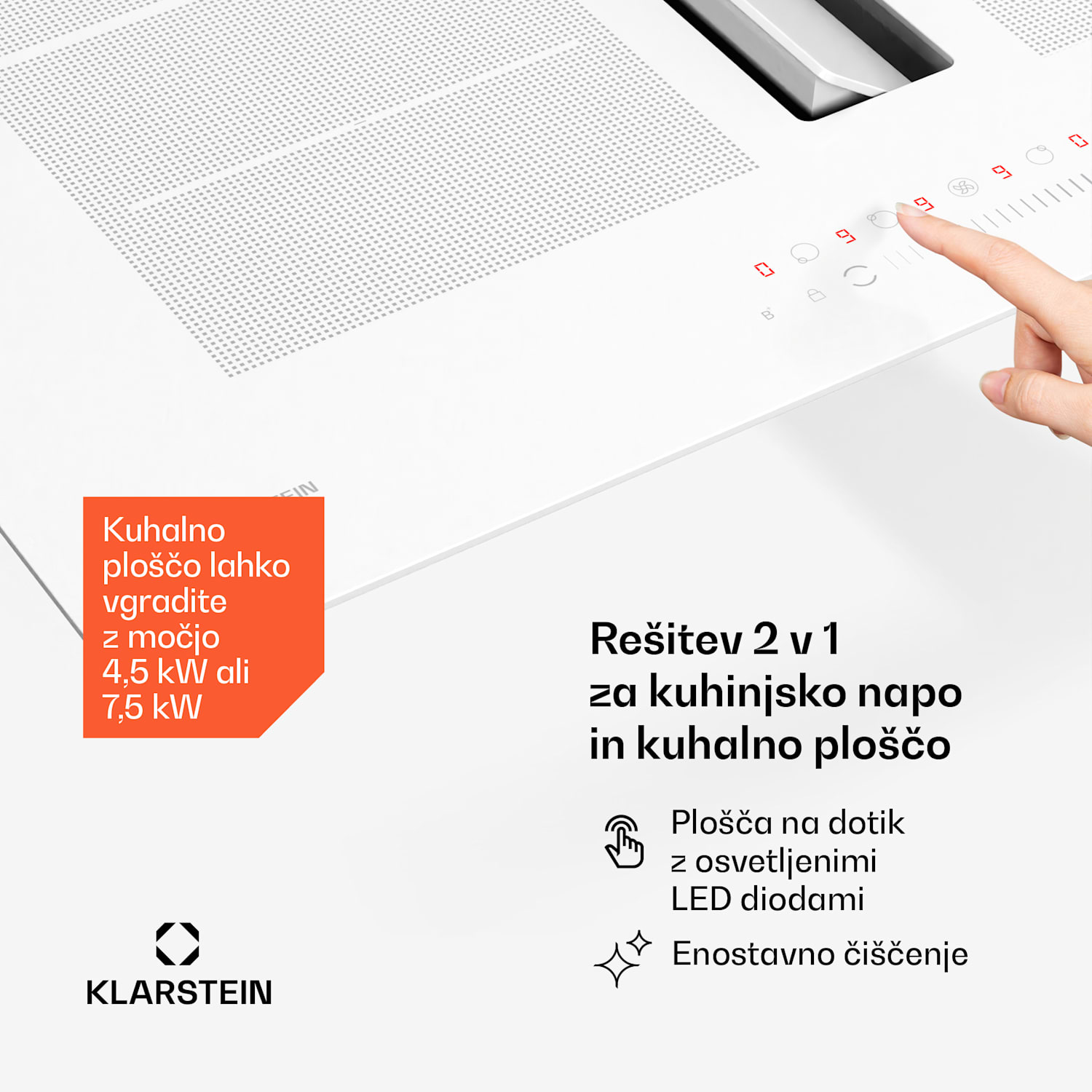 Chef-Fusion Prime Down Air System, 2 v 1, indukcijska kuhalna plošča + kuhinjska napa, zmogljiva, 7200 W 72 cm | Bela