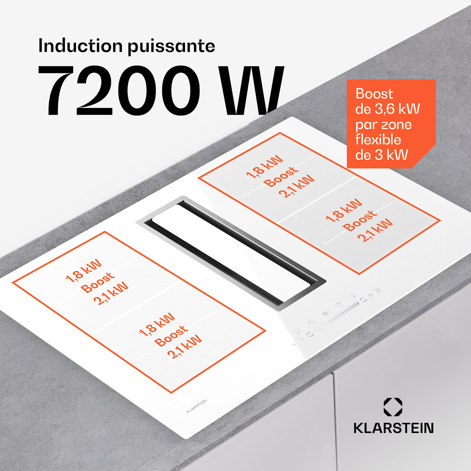 Chef-Fusion Down Air System | 2-in-1 | inductiekookplaat + afzuigkap | krachtig | 7200 W 77 cm | Wit