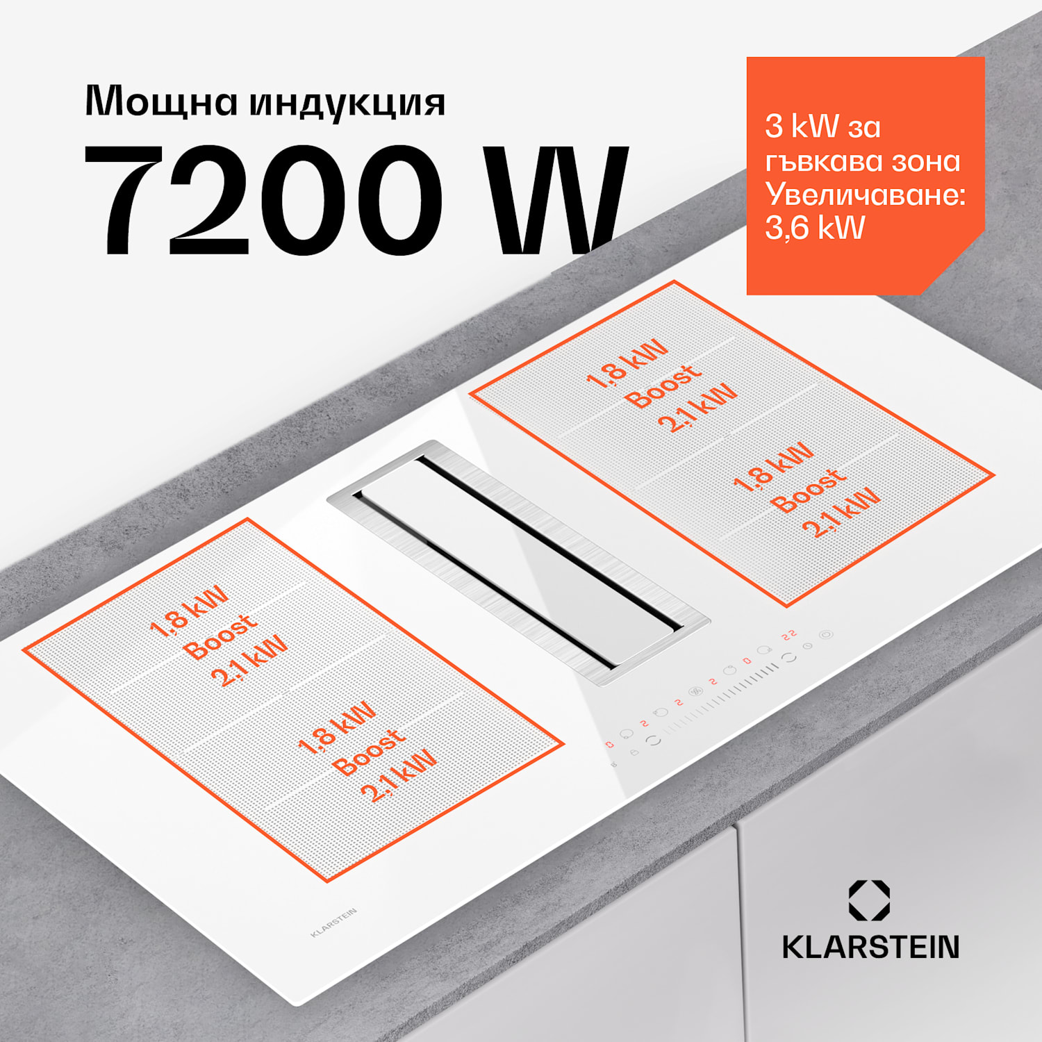 Система Chef-Fusion Prime Down Air, 2 в 1, индукционен плот + абсорбатор, мощen 7200 W 90 cm | Бял