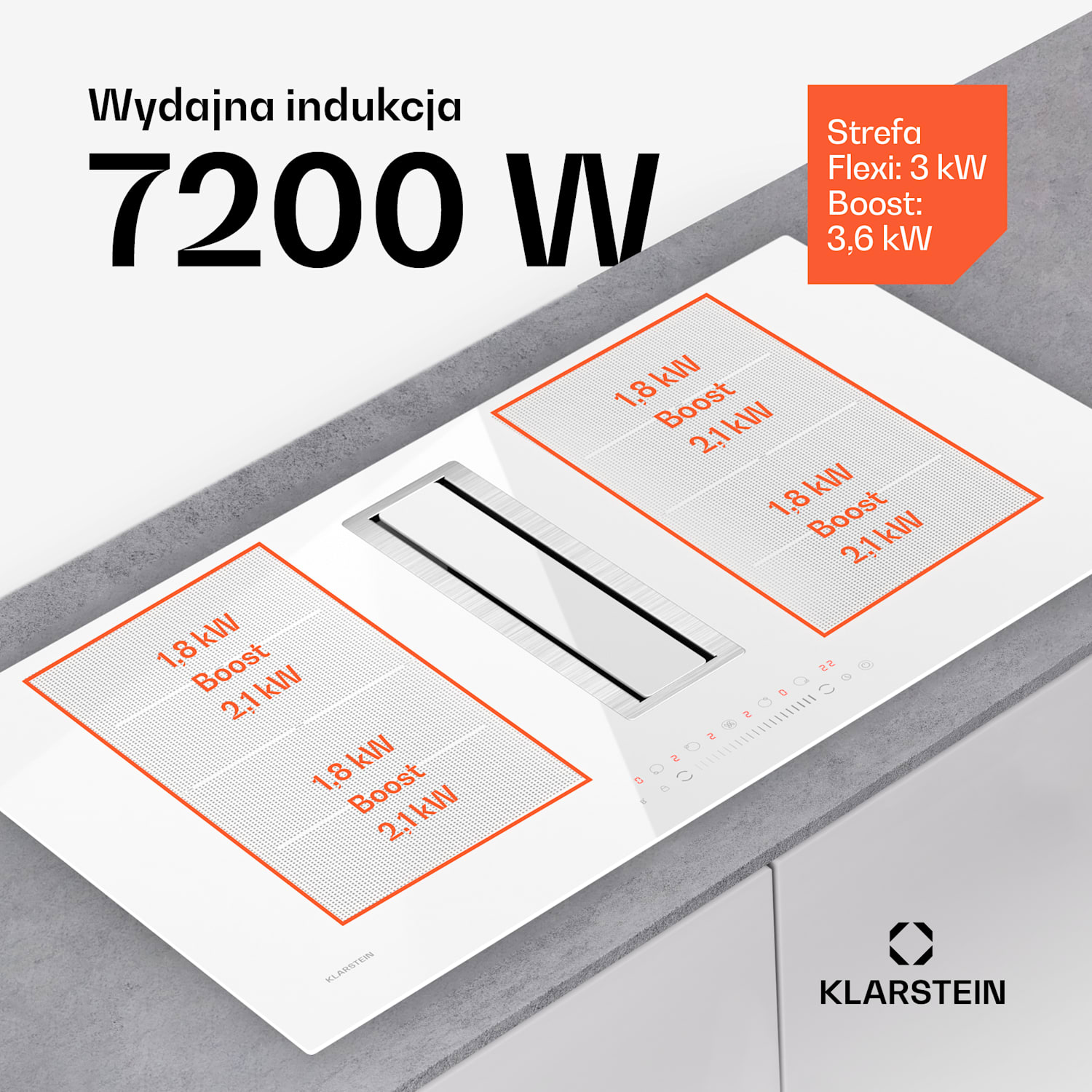 Chef-Fusion Down Air System, 2 w 1, płyta indukcyjna + okap, wydajna, 7200 W 90 cm | Biały