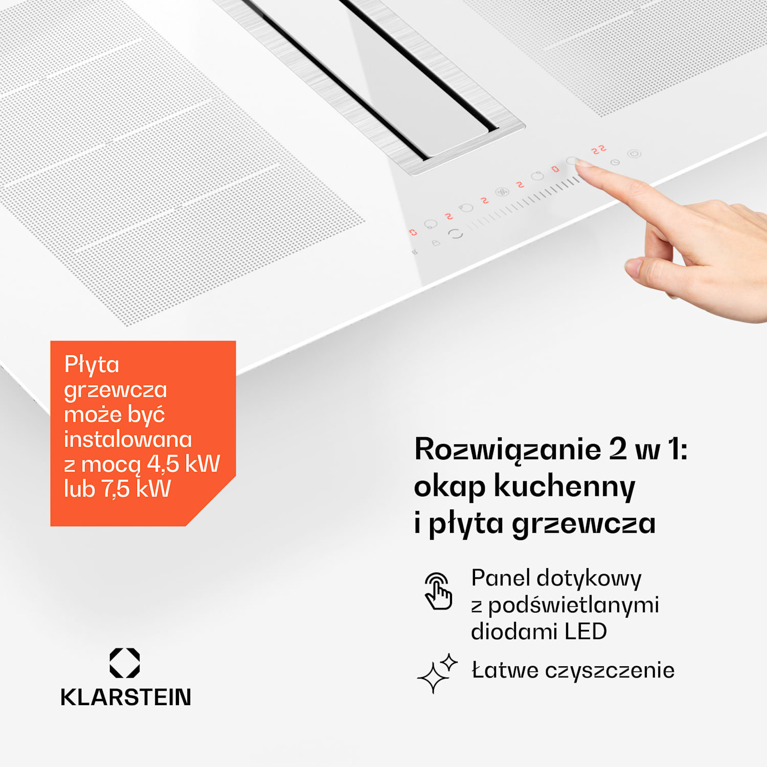 Chef-Fusion Down Air System, 2 w 1, płyta indukcyjna + okap, wydajna, 7200 W 90 cm | Biały